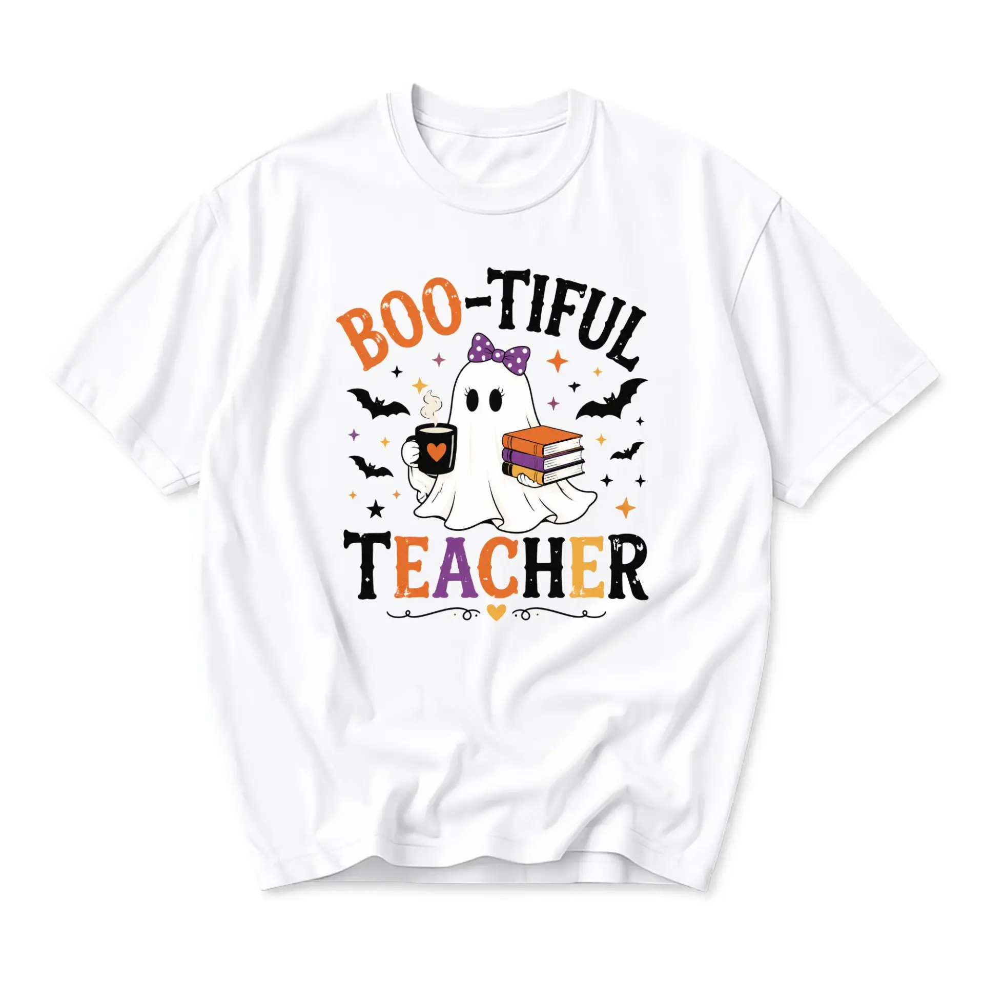 Graphic Tee Boo-Tiful Teacher Ghost Shirt Cute Halloween Unisex Crew Neck Casual Everyday Top for Education Professionals