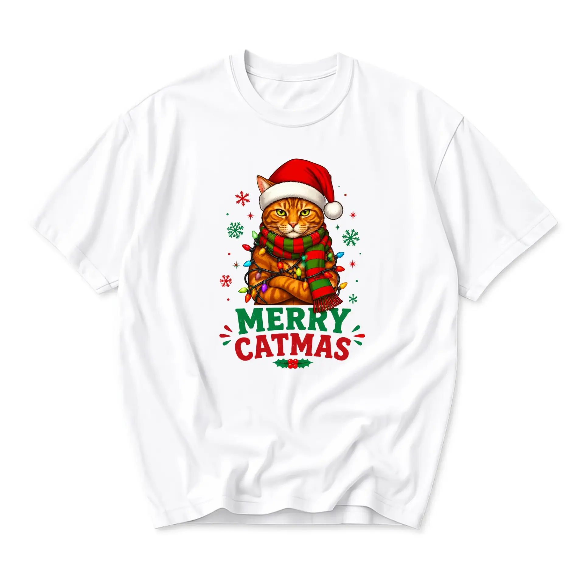 Funny Shirt Merry Catmas Graphic Tee Festive Holiday Ginger Cat Print Unisex Crew Neck Casual Cotton Blend Top