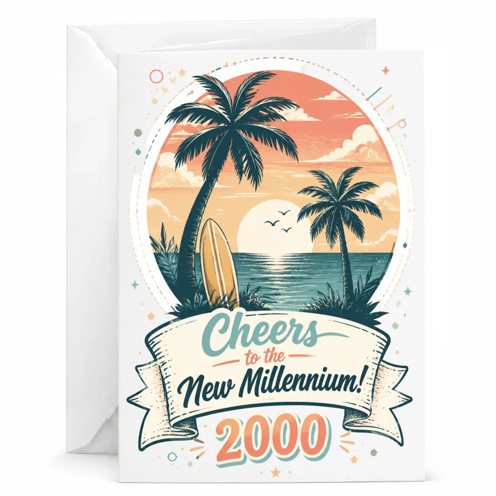Funny Greeting Card Cheers to the New Millennium 2000 Retro Tropical Sunset Beach Illustration for Nostalgic Milestone