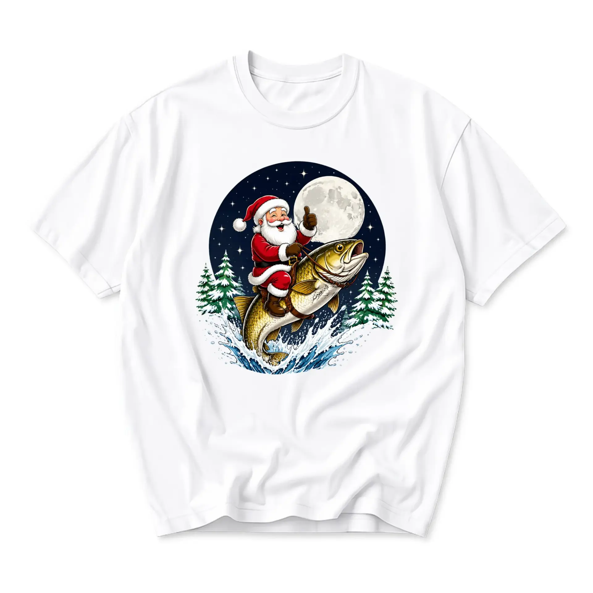 Graphic Tee Unisex Santa Claus Fishing Fish Funny Holiday Shirt Comfortable Cotton Crew Neck Casual Top for Adults
