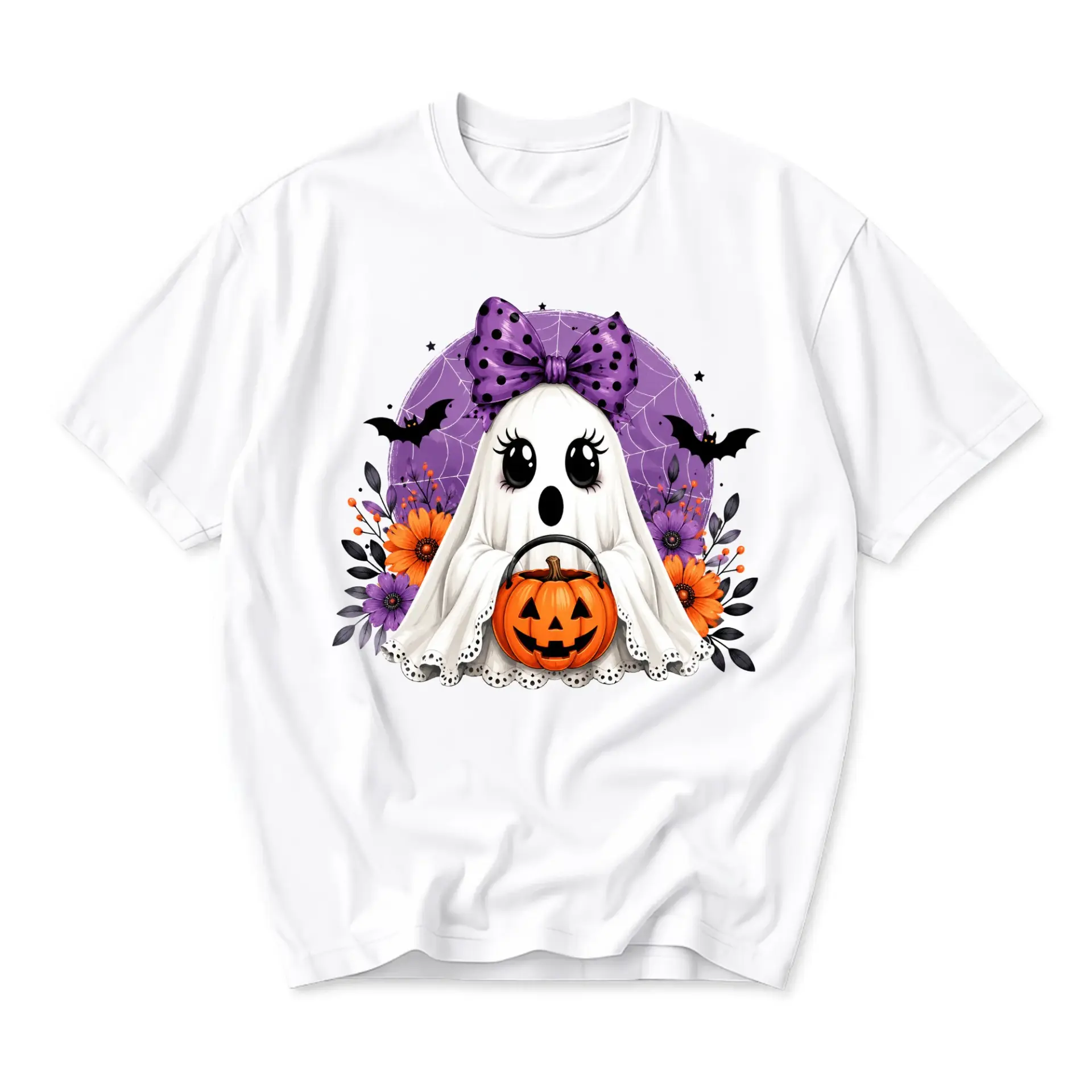 Graphic Tee Cute Ghost Wearing Purple Bow Holding Pumpkin Bucket Halloween Print Unisex Cotton Crew Neck Casual Top