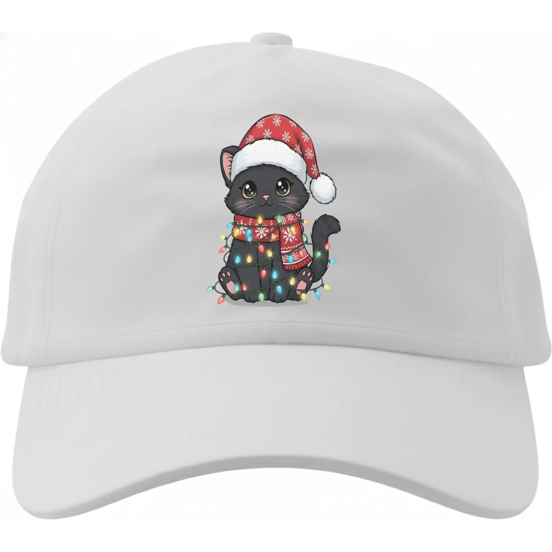 Baseball Cap Featuring Cute Black Cat Wearing a Festive Holiday Scarf and Santa Hat with Colorful Christmas Lights