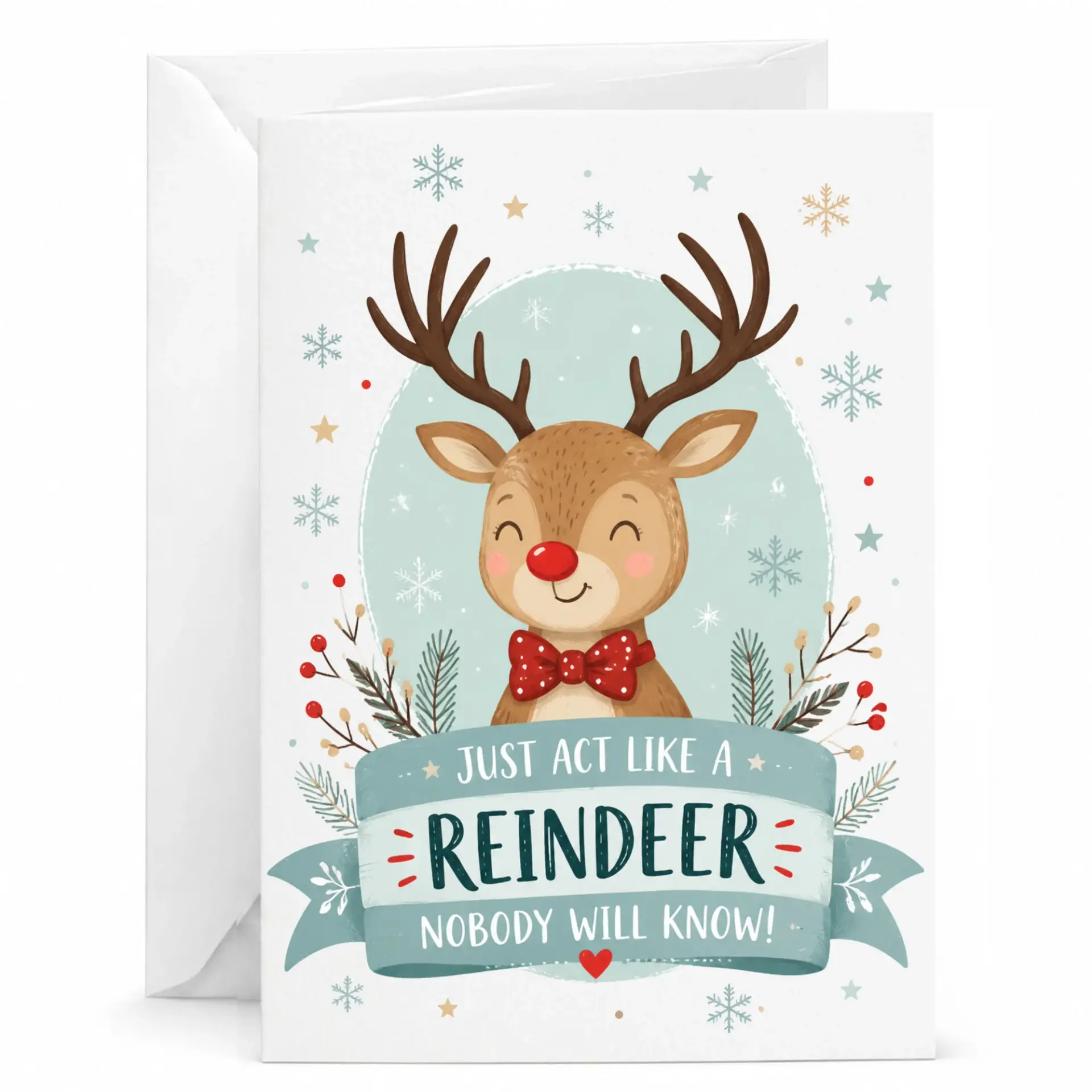 Funny Reindeer Greeting Card for Holiday Season, Festive Deer Illustration with Red Bow Tie, 5x7 Inch Folded Note Card
