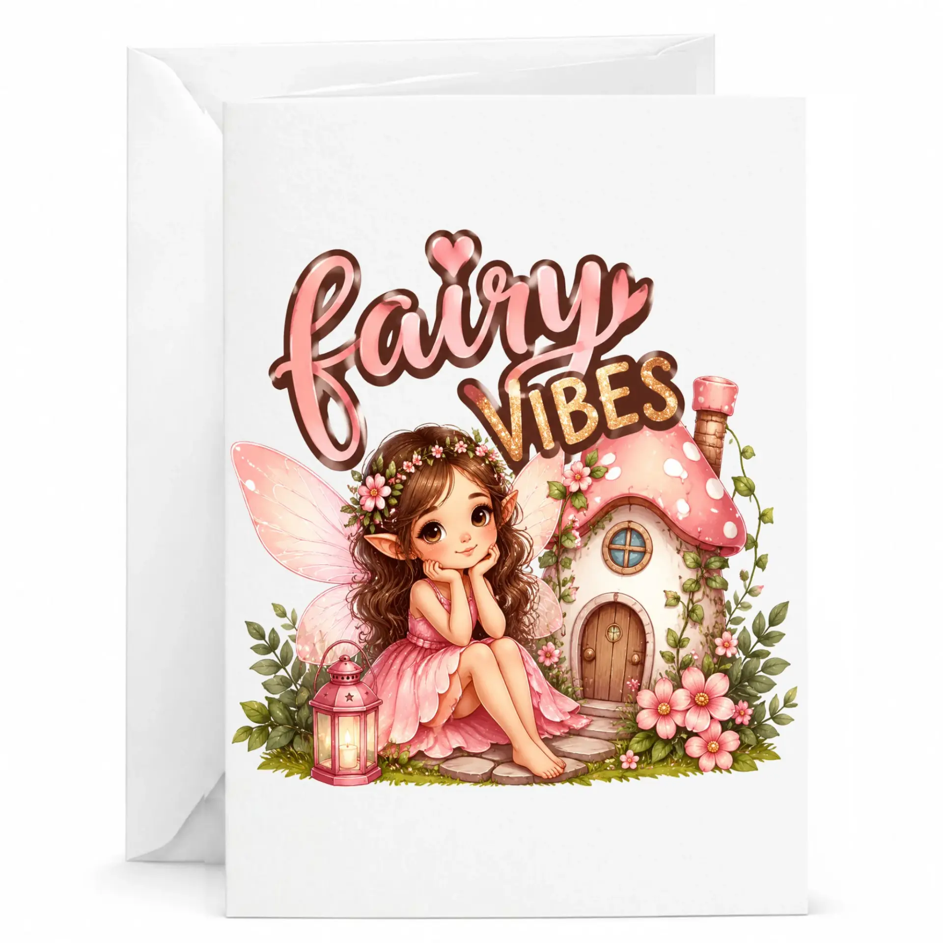 Greeting Card Fairy Vibes Whimsical Illustration Featuring Cute Character Near Mushroom Cottage for Special Occasions
