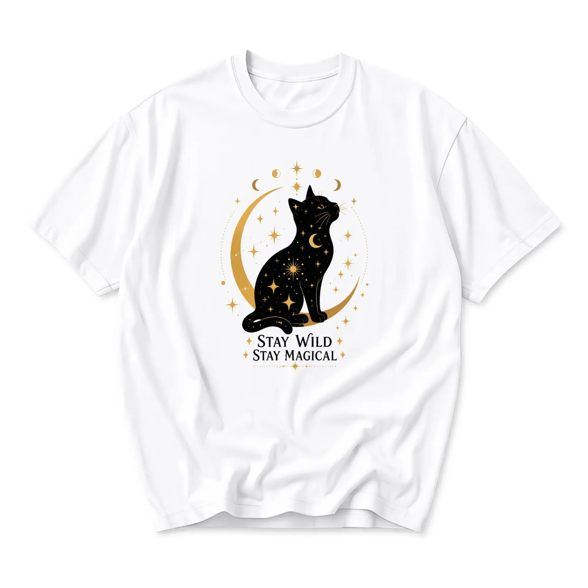 Graphic Tee Stay Wild Stay Magical Celestial Cat Print Unisex Crew Neck Shirt for Everyday Casual Wear and Comfort