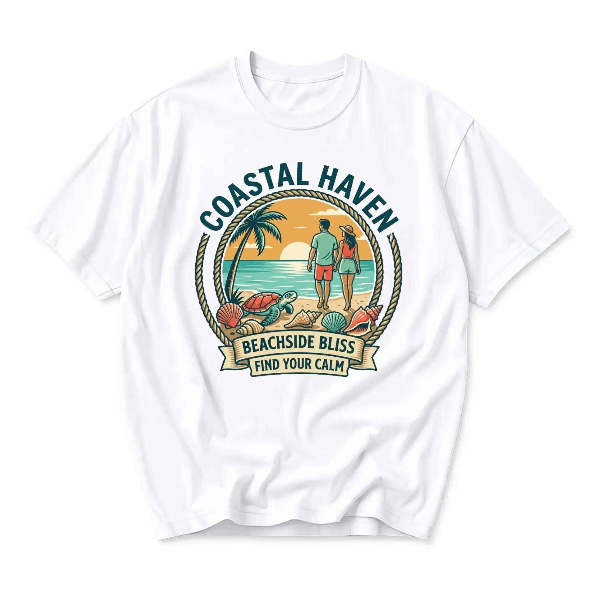Graphic Tee Coastal Haven Beachside Bliss Unisex Crew Neck T-Shirt Short Sleeve Summer Apparel for Casual Everyday Wear