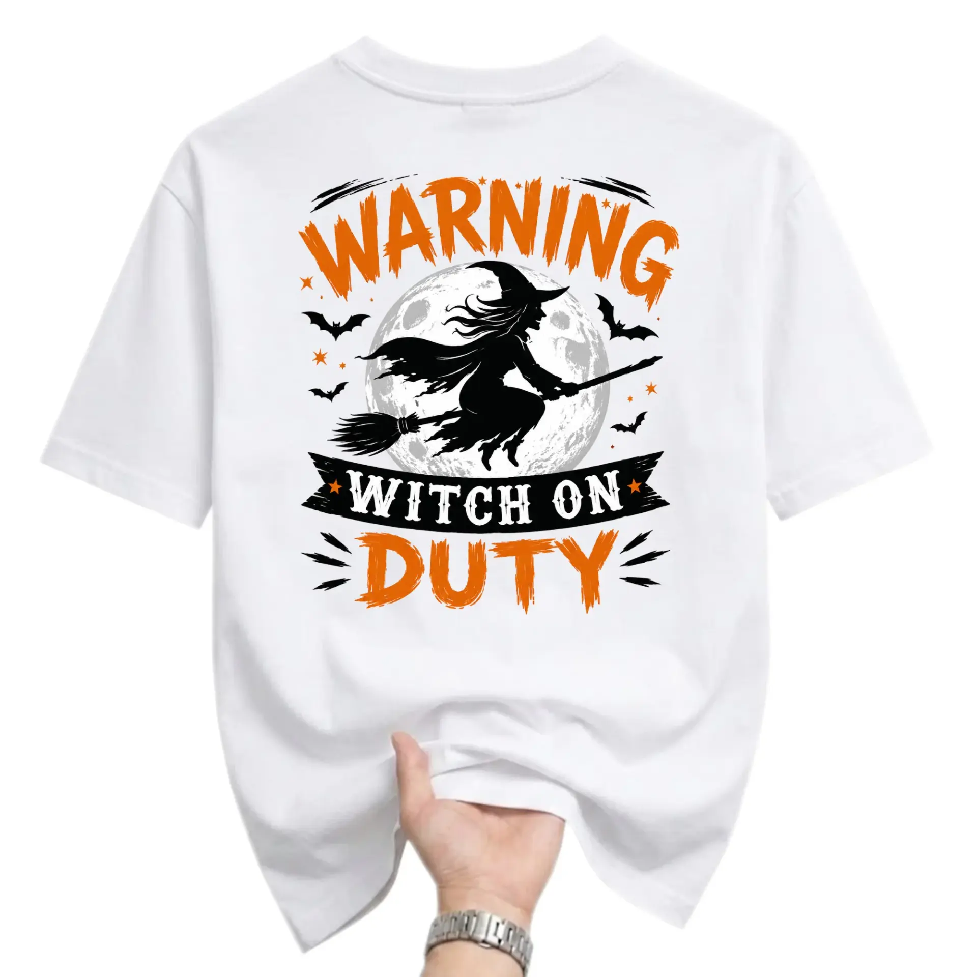 Graphic Tee Unisex Warning Witch on Duty Halloween Costume Shirt for Casual Fall Season Holiday Party Outfit Wear