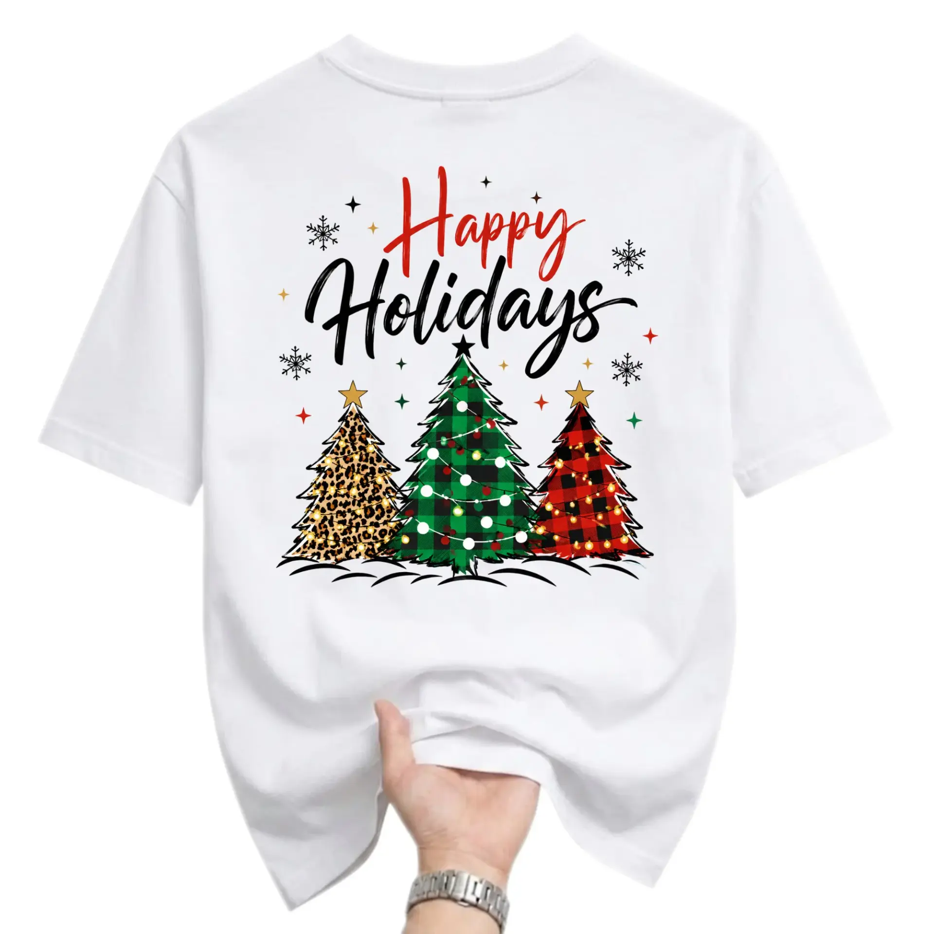 Graphic Tee Happy Holidays Christmas Tree Print Unisex Casual Crew Neck