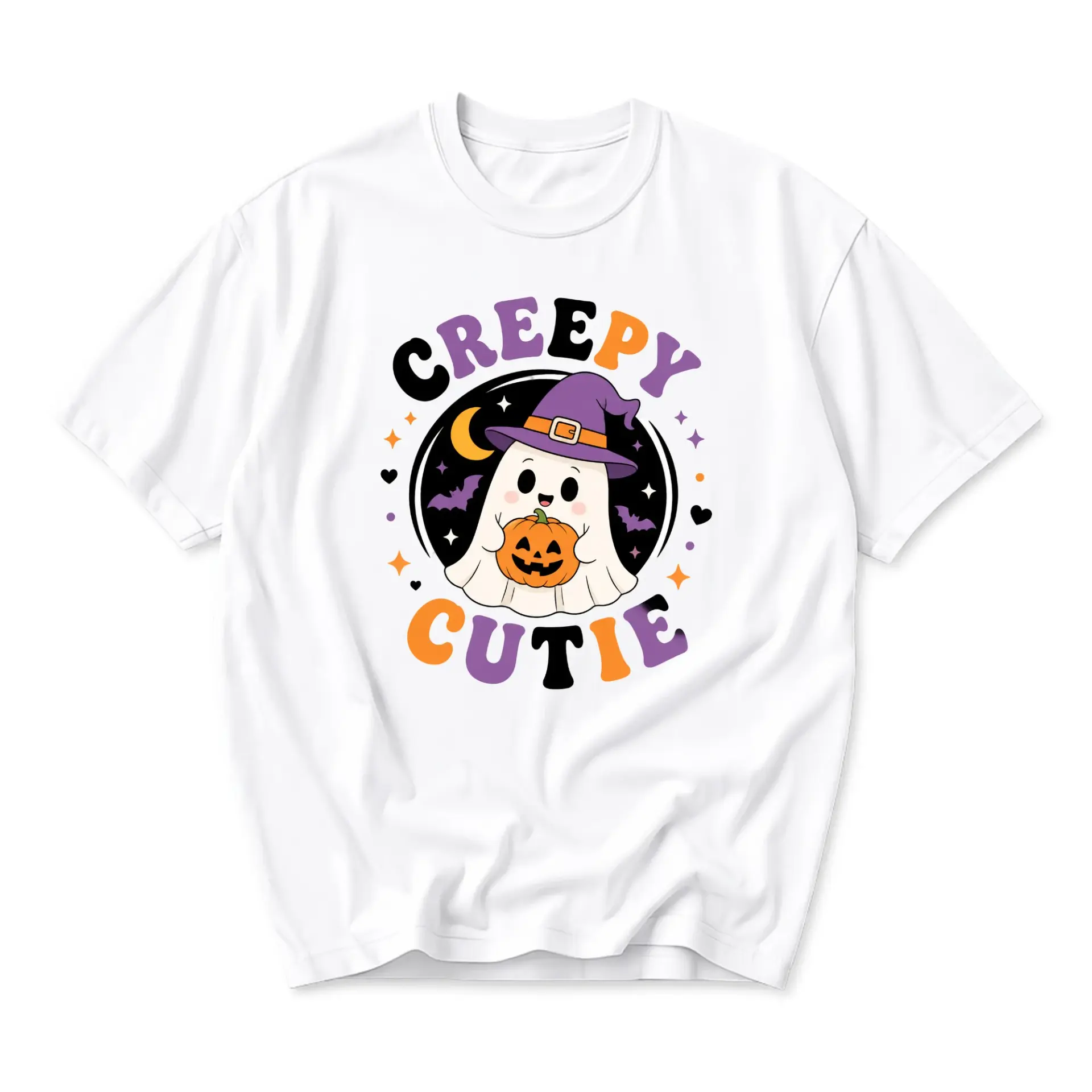 Graphic Tee Creepy Cutie Ghost Pumpkin Halloween Unisex Shirt Soft Comfortable Casual Everyday Apparel Short Sleeve