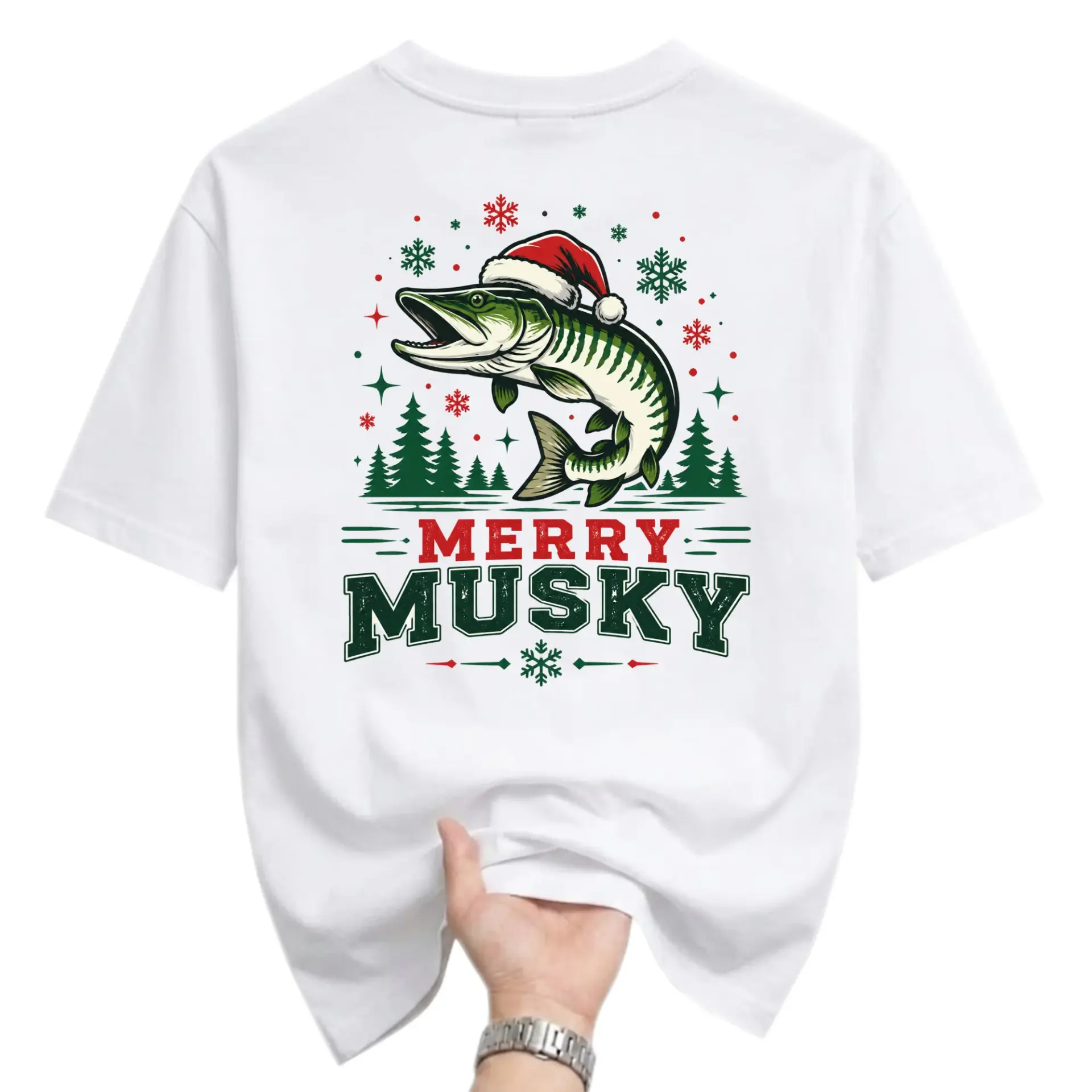 Funny Shirt Merry Musky Fishing Graphic Tee Unisex Holiday Season Casual Cotton Blend Crew Neck Short Sleeve Top