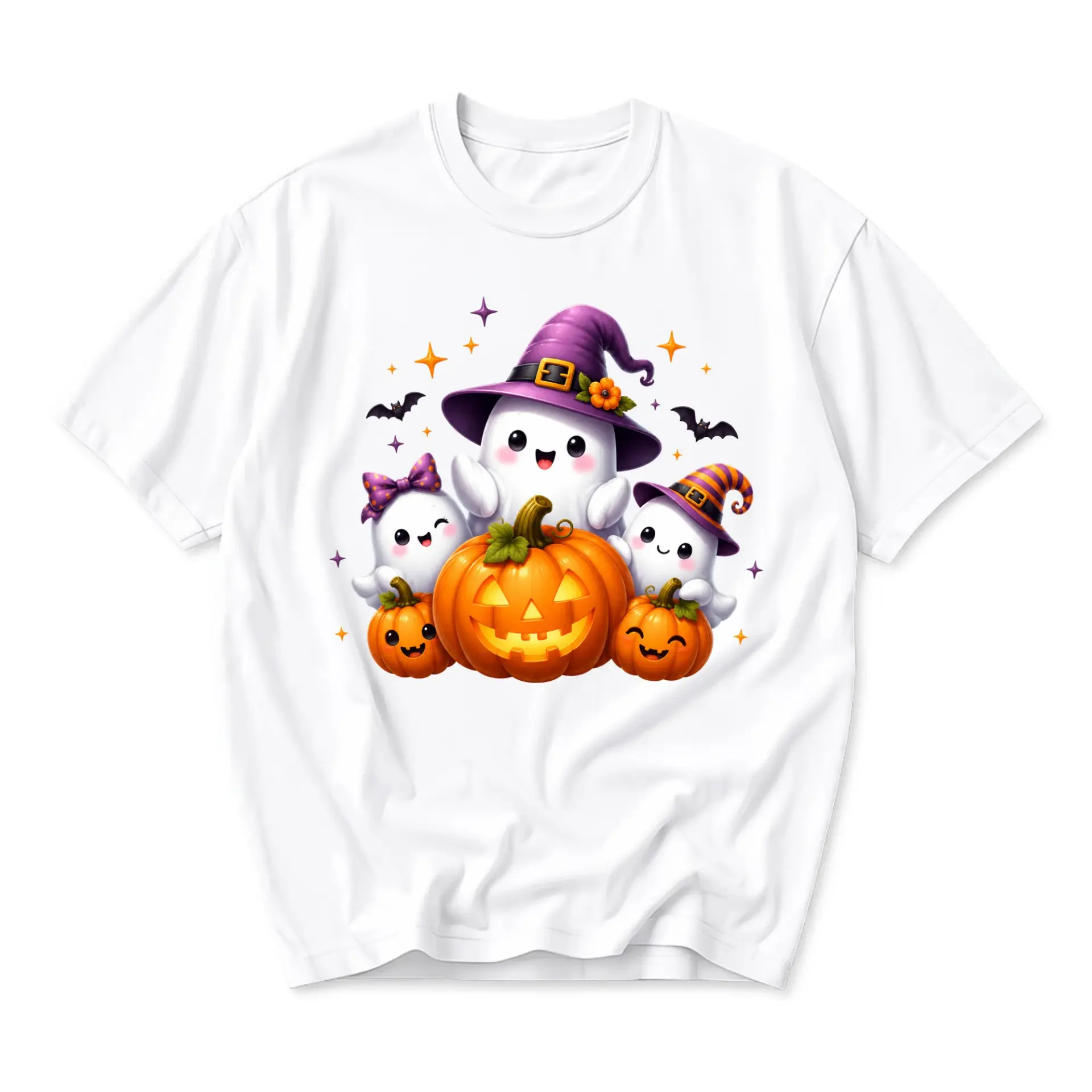 Graphic Tee Cute Halloween Ghost Friends and Pumpkin Illustration Casual Unisex Crew Neck Short Sleeve Cotton T-Shirt