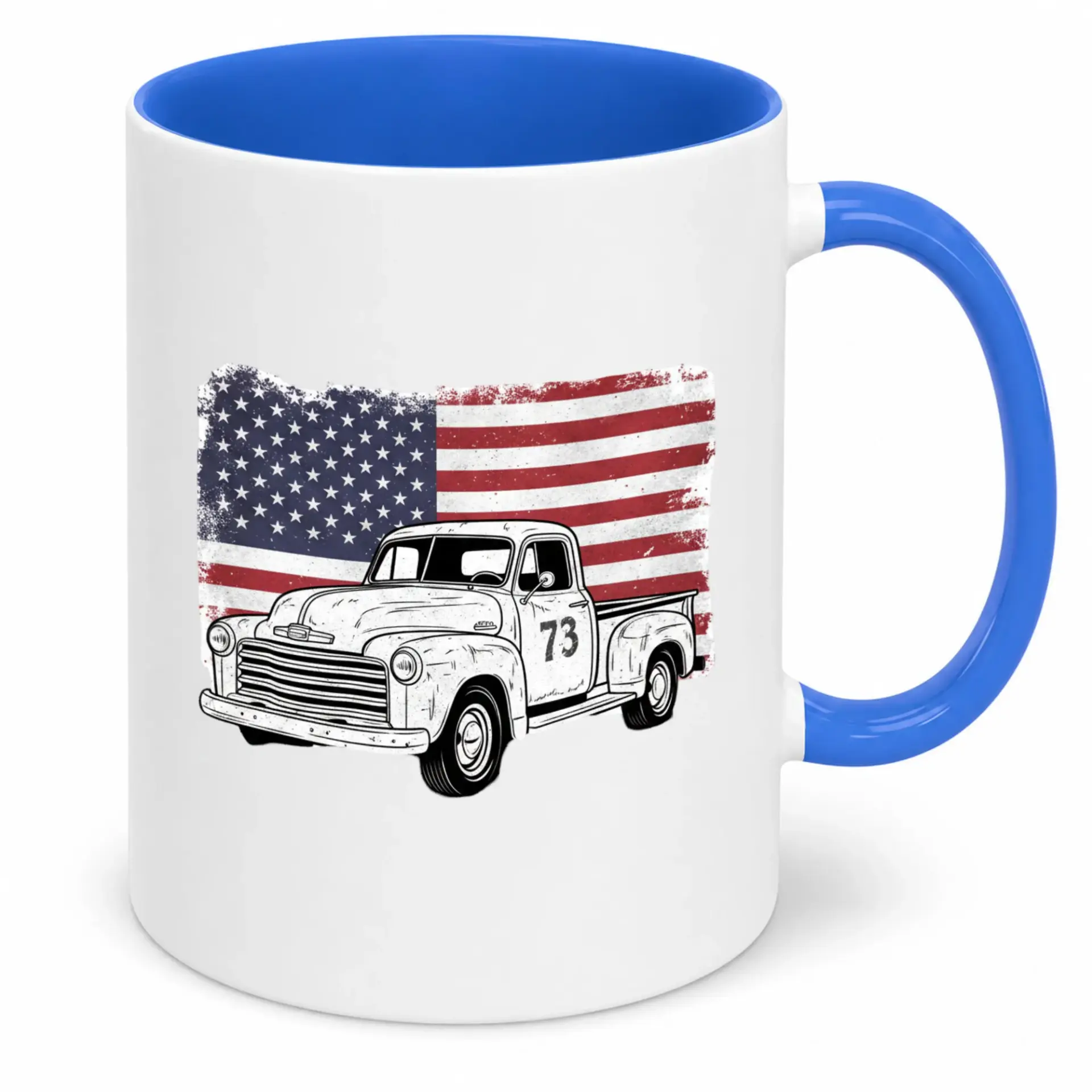 Ceramic Coffee Mug with Vintage Pickup Truck and Distressed American Flag Design Patriotic Blue Handle Drinkware for Enthusiasts