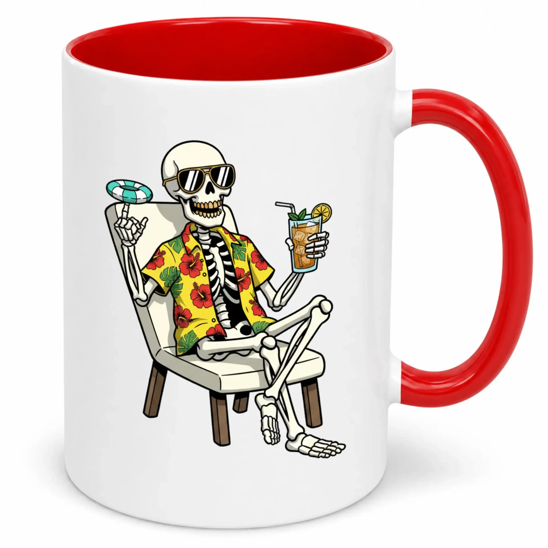 Funny Ceramic Coffee Mug with Relaxing Skeleton in Hawaiian Shirt Design Unique Vacation Themed Drinkware for Home Office Gifts