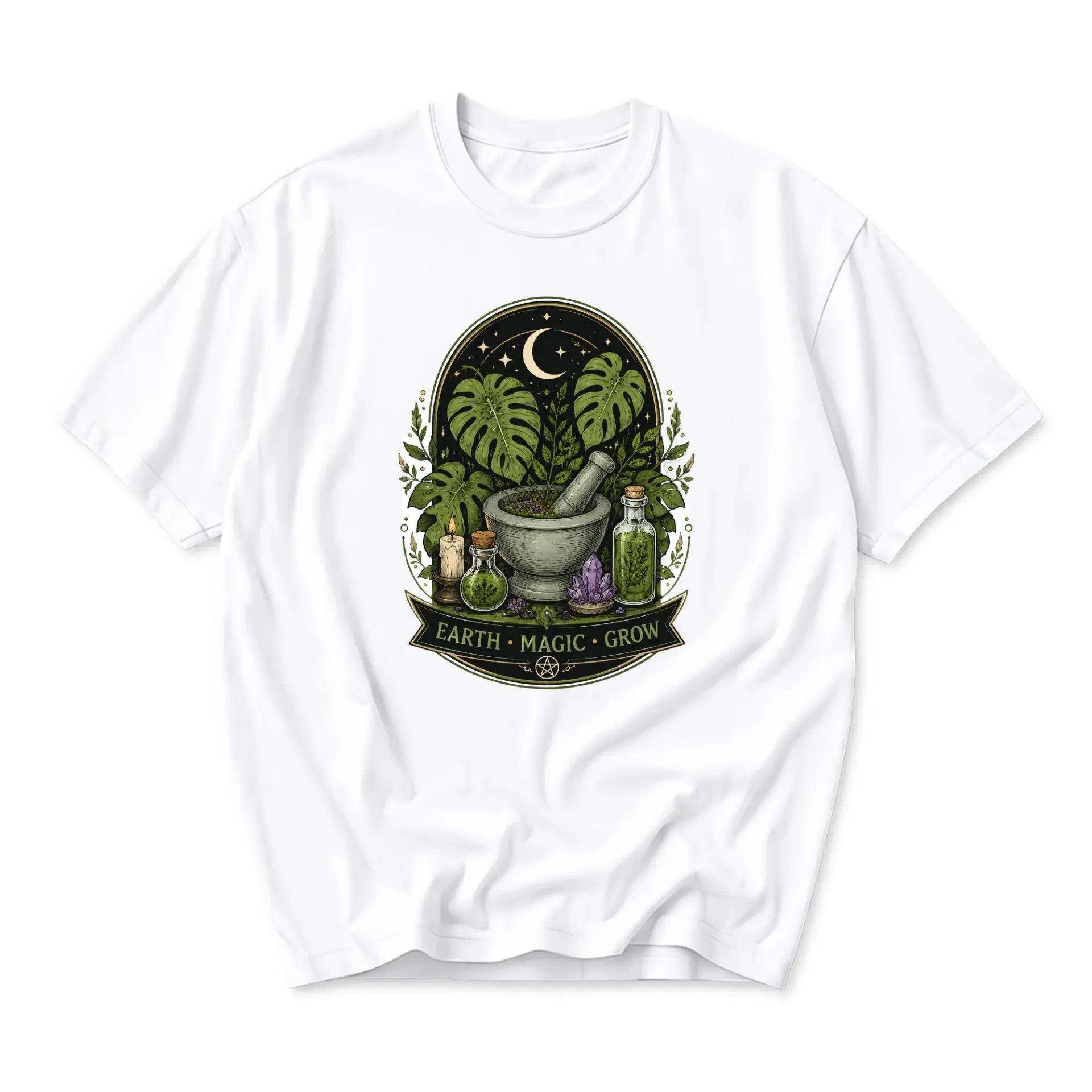 Graphic Tee Earth Magic Grow Botanical Illustration Unisex Crew Neck Short Sleeve Shirt for Casual Daily Wear