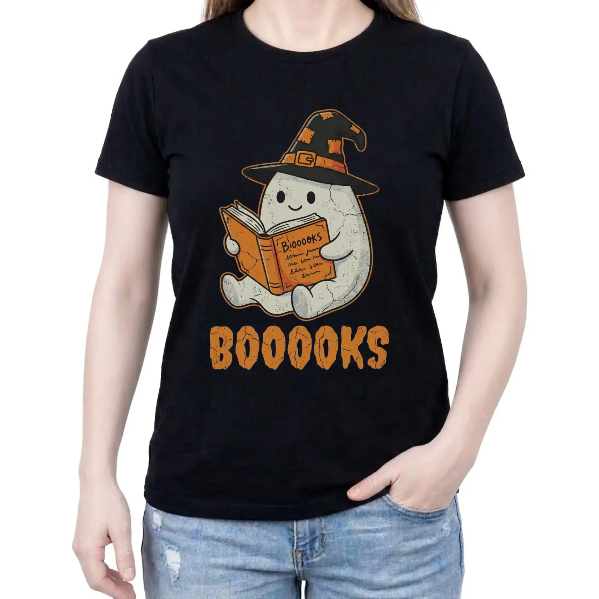 Funny Ghost Reading Book Graphic Tee Unisex Crew Neck Casual Cotton Blend Short Sleeve Halloween Enthusiast Shirt