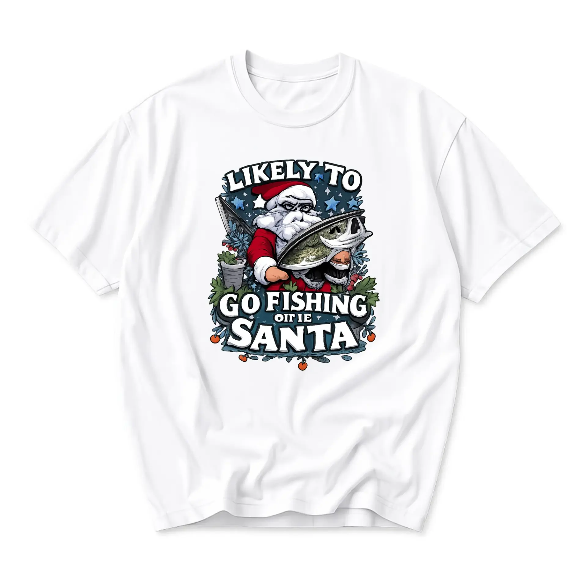 Funny Shirt Likely to Go Fishing Santa Graphic Tee Unisex Crew Neck Short