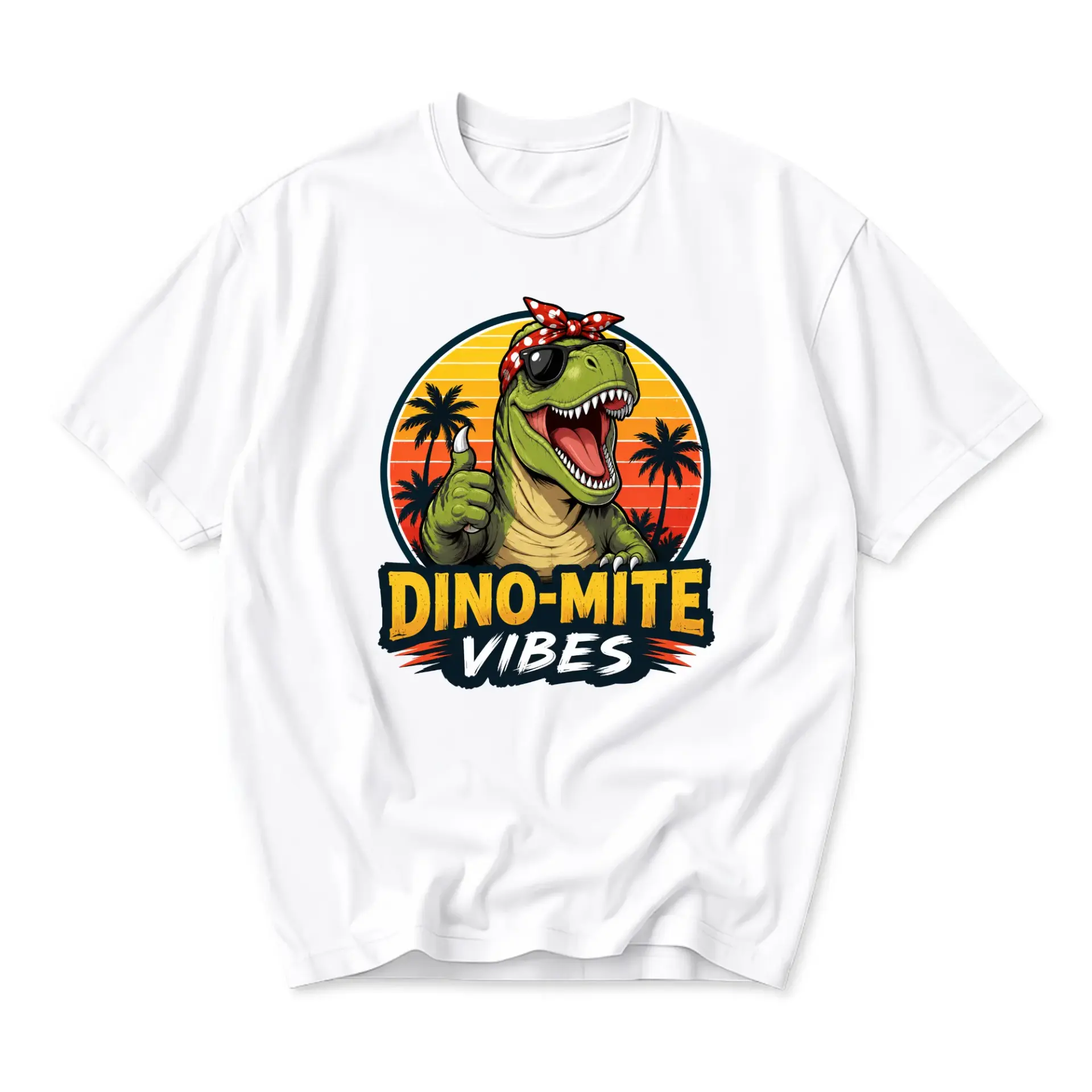 Funny Shirt Dino-Mite Vibes T-Shirt Retro Tropical Graphic Tee Unisex Casual Crew Neck Comfortable Cotton Blend Top