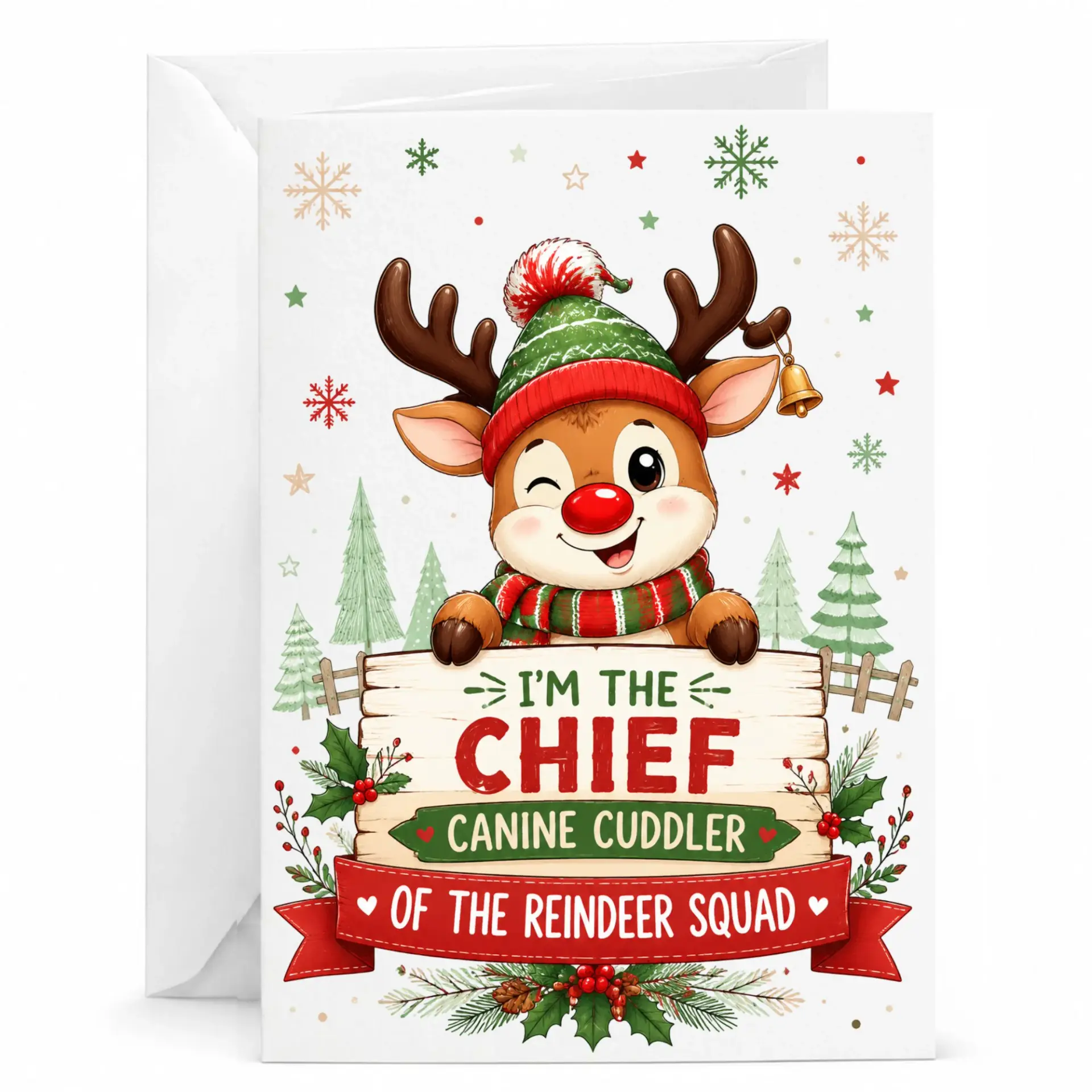 Funny Reindeer Greeting Card for Holiday Celebration, Charming Winter Animal Design, 5x7 Inches Folded Stationary
