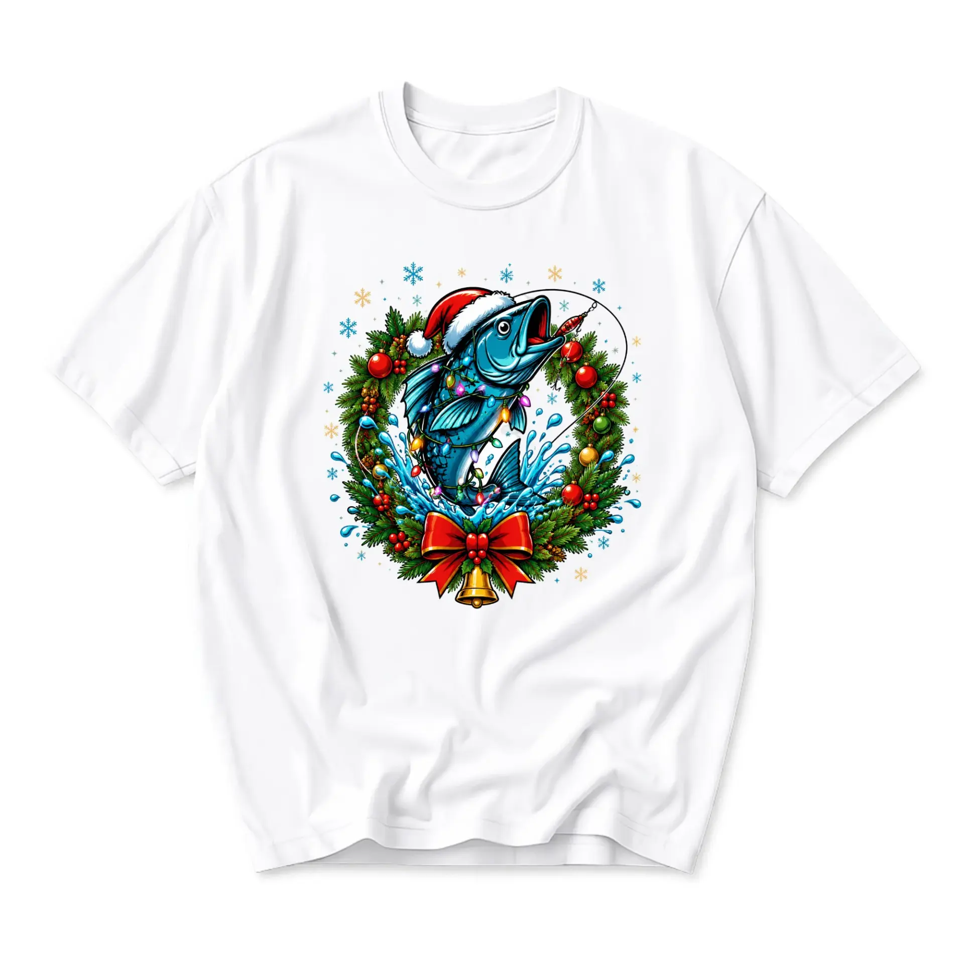 Graphic Tee Christmas Fishing Holiday Apparel Unisex Crew Neck Short Sleeve Shirt for Casual Wear and Festive Outfits