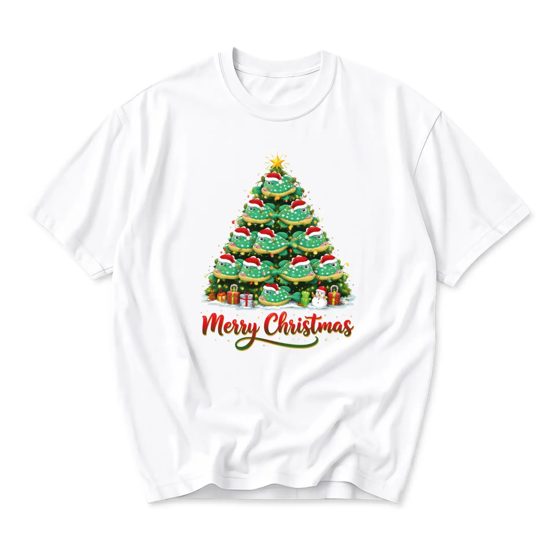Graphic Tee Unisex Holiday Puffer Fish Christmas Tree Shirt Soft Cotton Everyday Casual Wear Crew Neck Printed Top