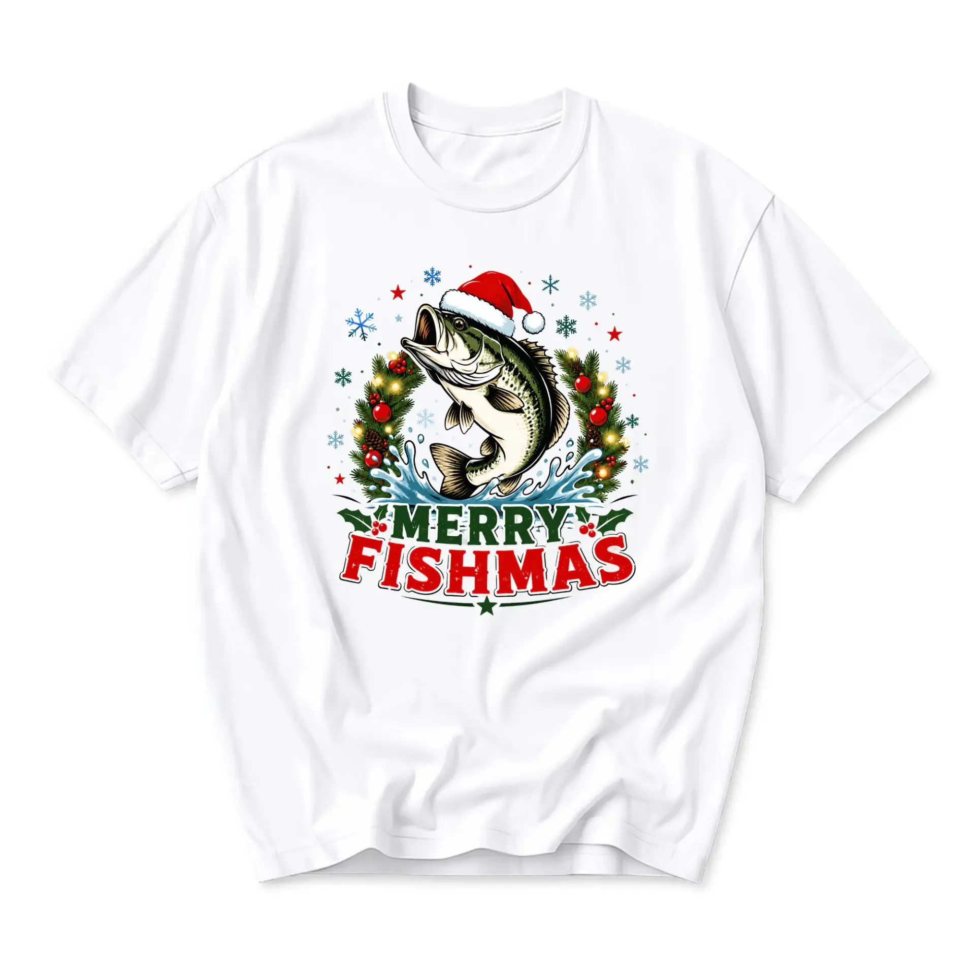 Funny Shirt Merry Fishmas Fishing Holiday Graphic Tee Casual Unisex Crew Neck Short Sleeve Cotton Apparel White