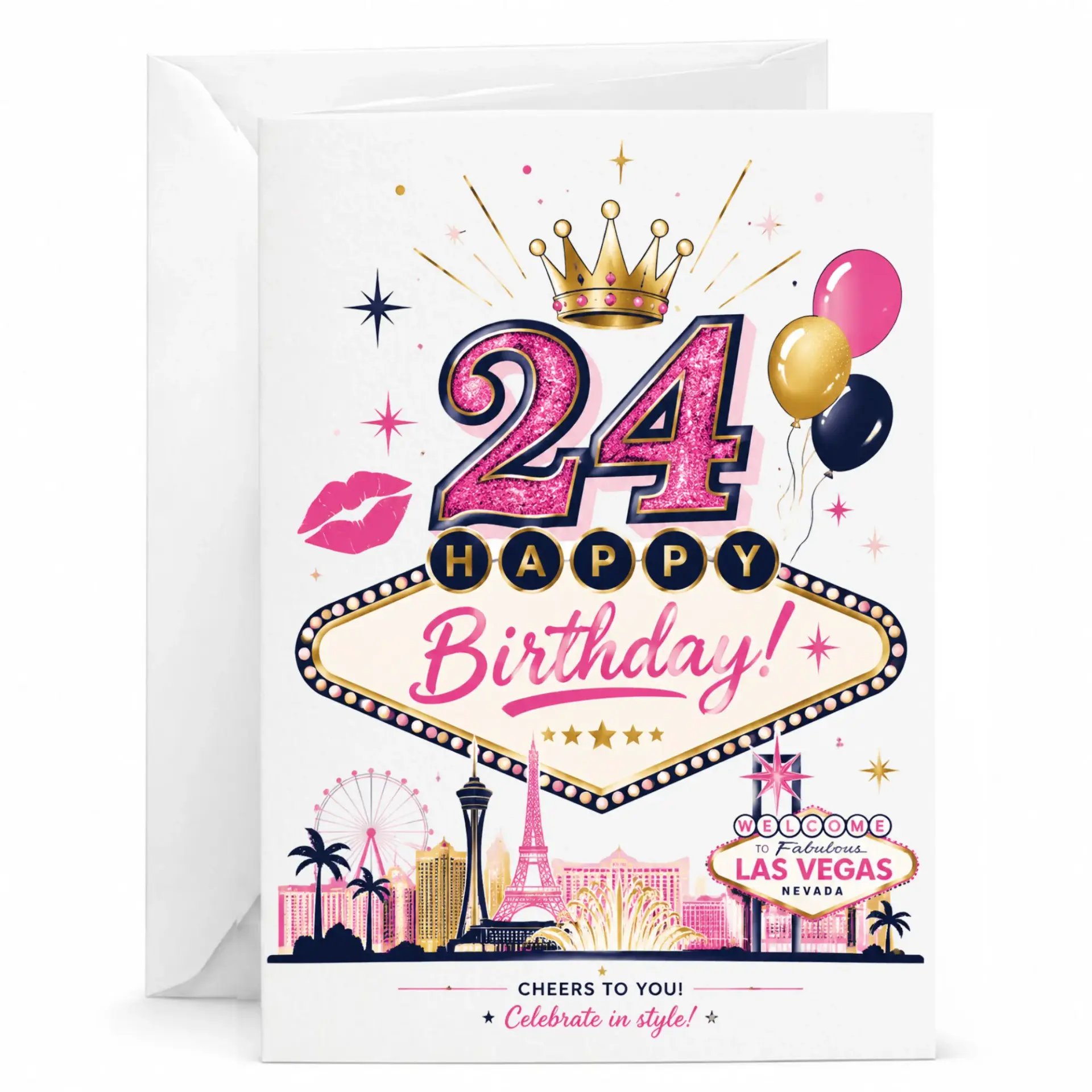 Birthday Card for 24th Birthday Celebration Las Vegas Themed Greeting Card with Envelope for Milestone Birthday