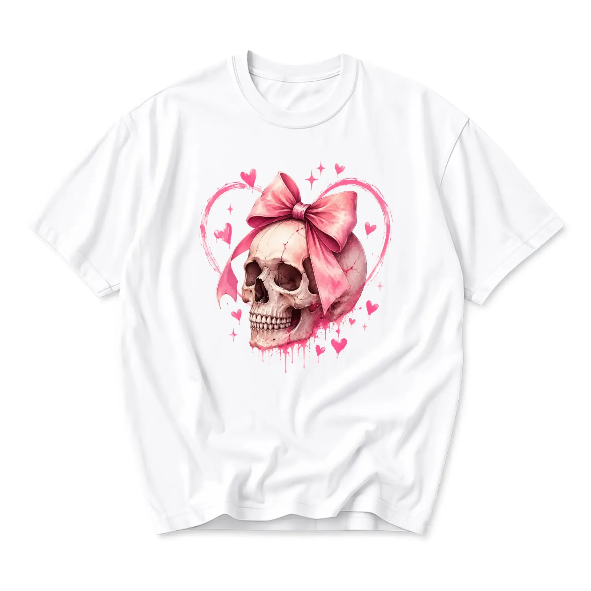 Graphic Tee Unisex Skull with Pink Bow Heart Illustration Artistic Cotton Casual Everyday Shirt for Men and Women