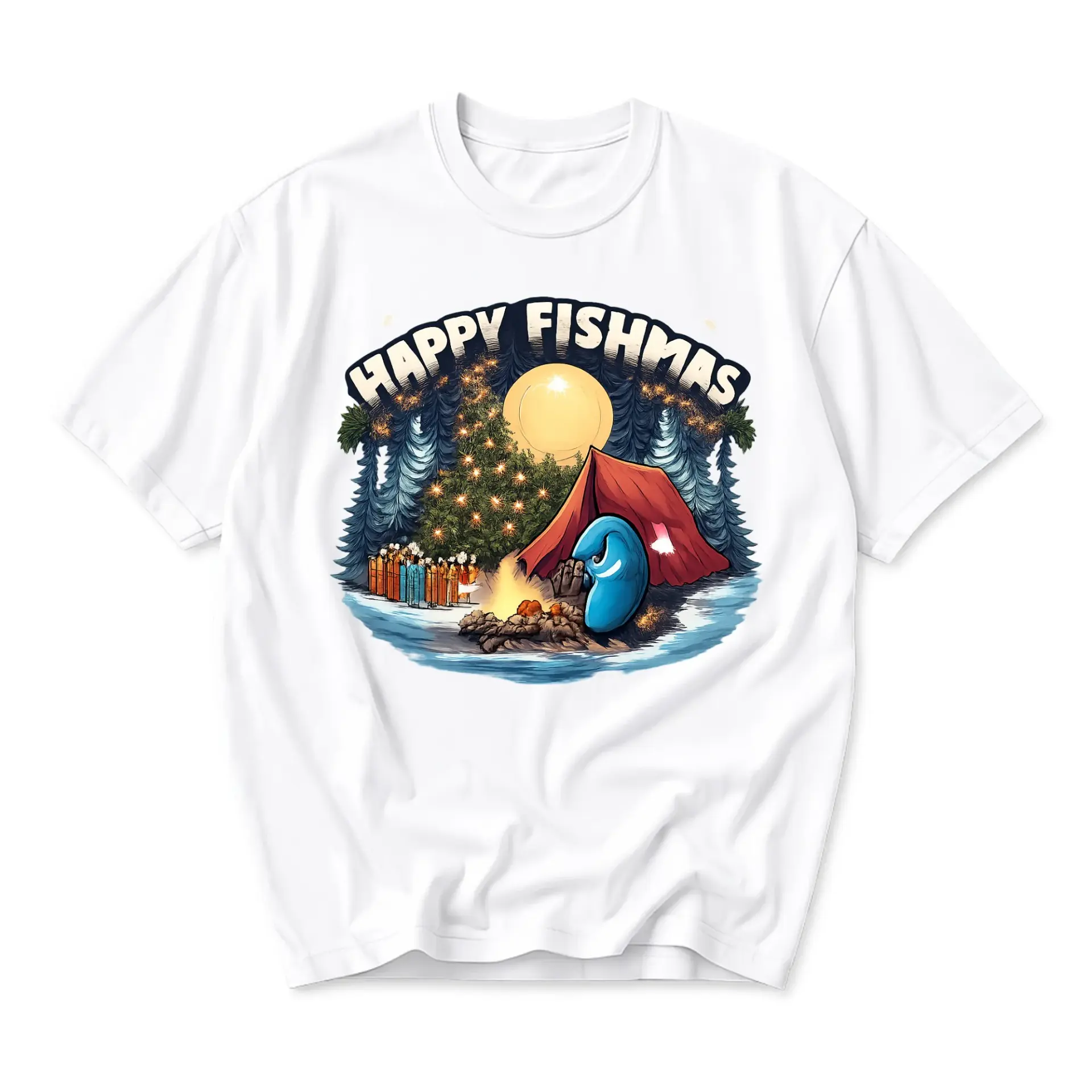 Funny Shirt Happy Fishmas Graphic Tee Retro Holiday Camping Theme Unisex