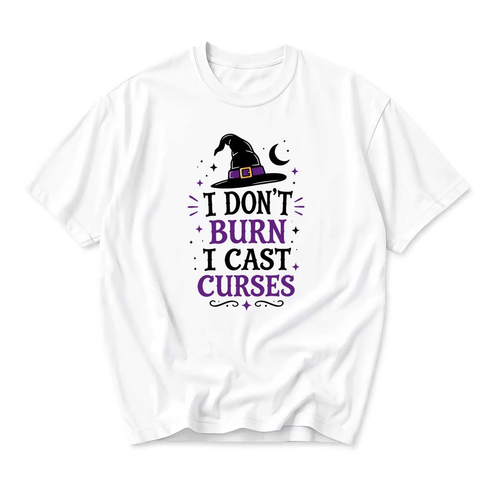 Funny Shirt I Don't Burn I Cast Curses Witch Hat Graphic Tee Unisex Casual Short Sleeve Cotton Blend Crewneck Top