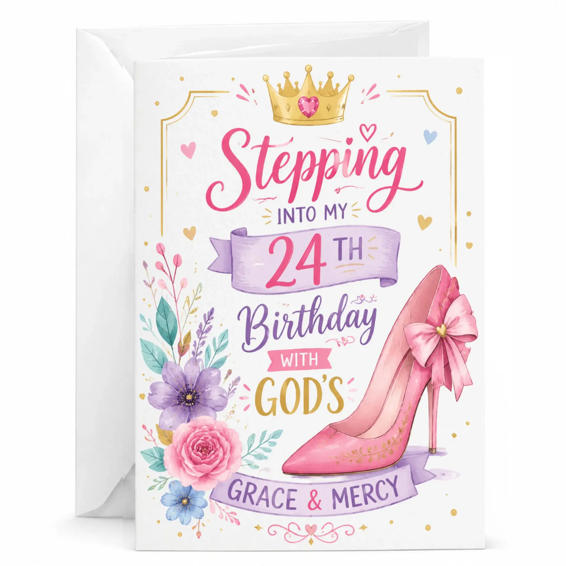 Birthday Card for 24th Birthday Celebration Floral Stiletto Design Elegant Religious Themed Greeting Card 5x7 Inch
