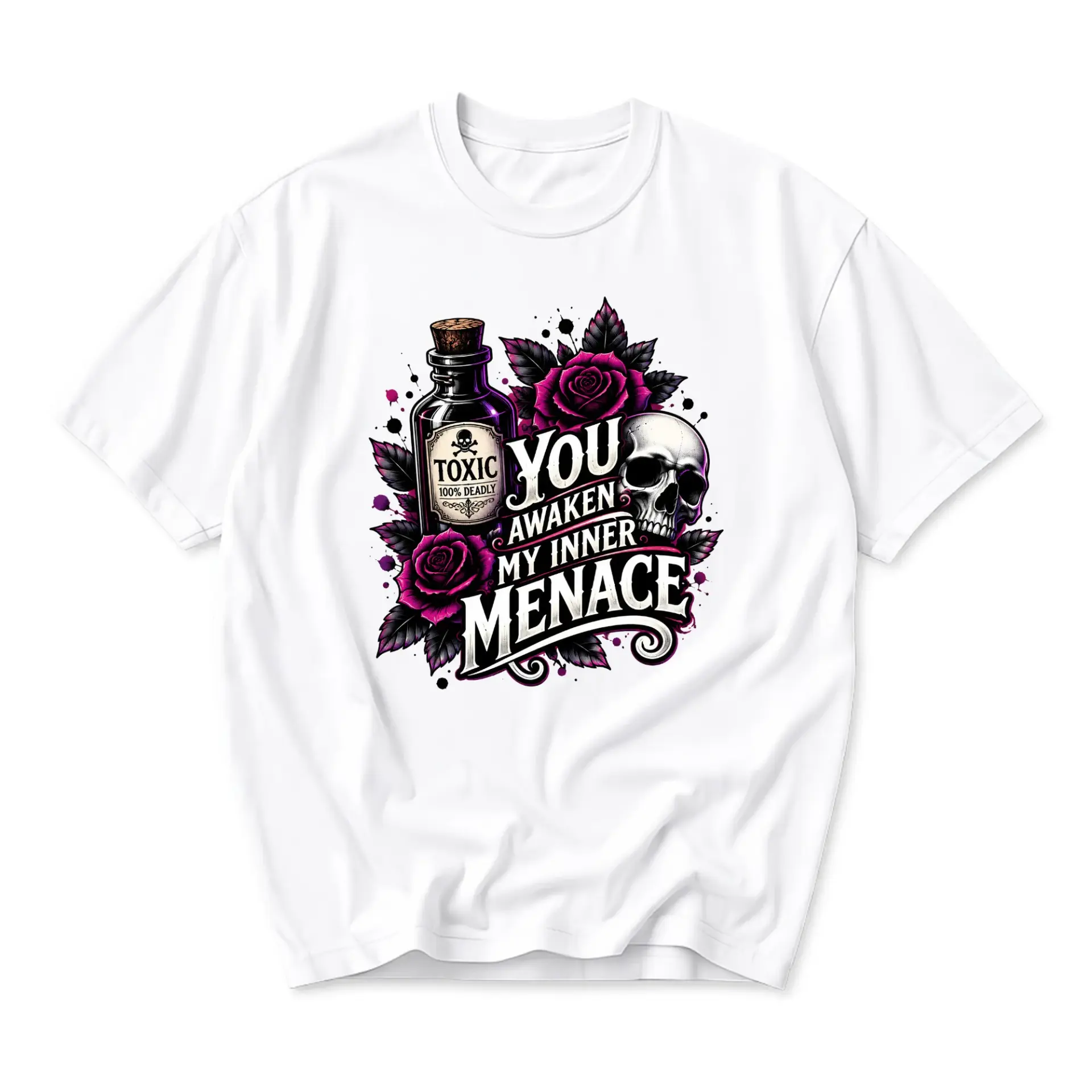 Graphic Tee You Awaken My Inner Menace Skull and Poison Bottle Print Unisex Short Sleeve Crew Neck Casual Shirt