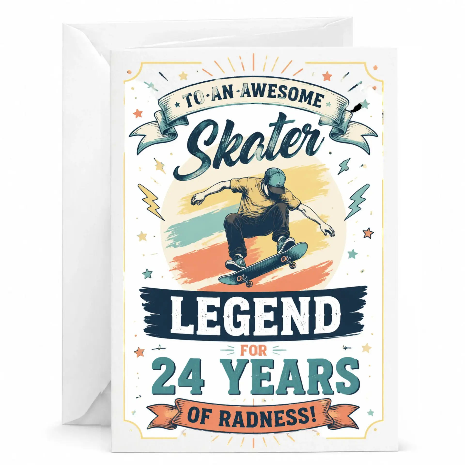 Birthday Card for Skater Legend Celebrating 24 Years of Radness Retro Aesthetic Greeting Card with Matching Envelope