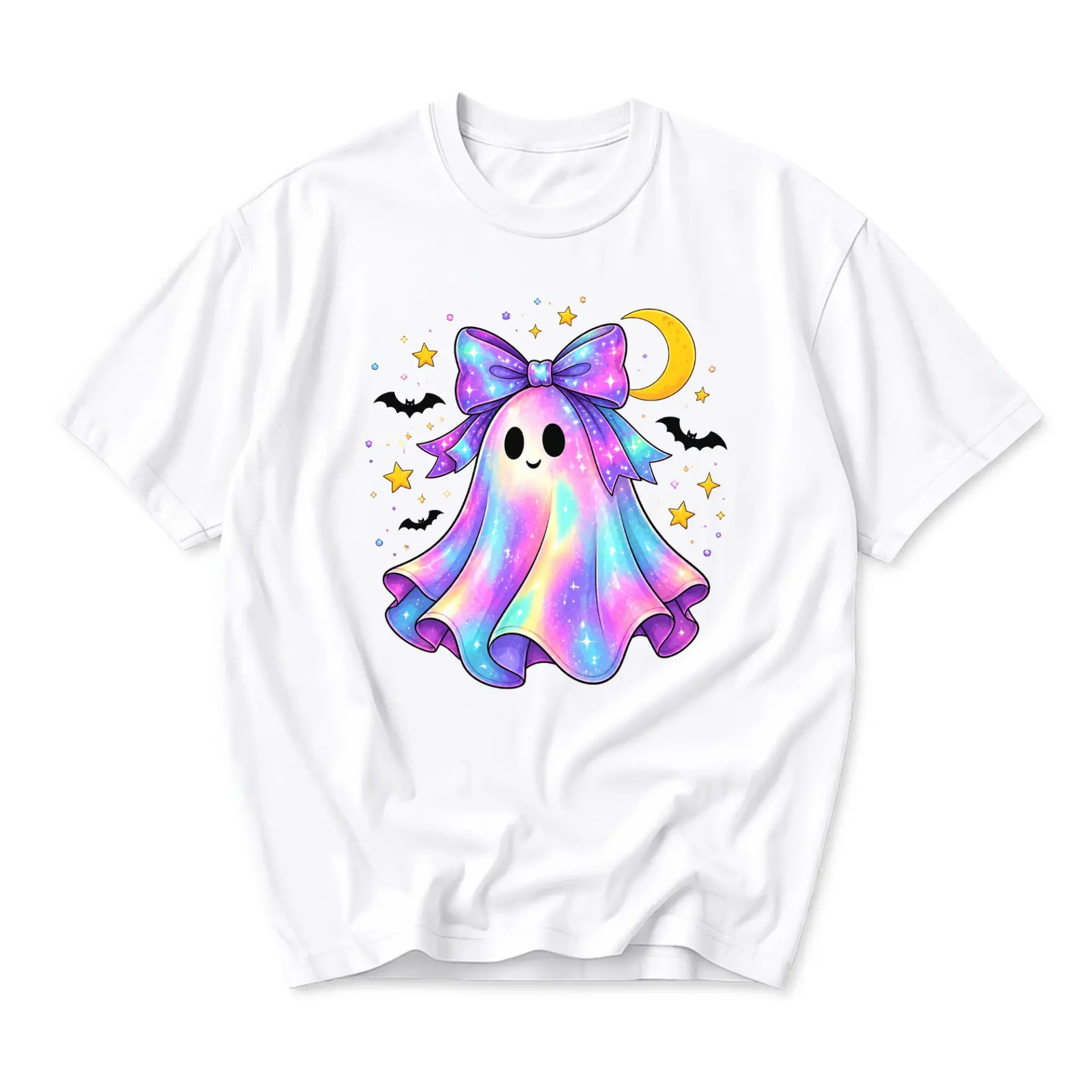 Graphic Tee Featuring a Holographic Ghost with a Colorful Bow Surrounded by Stars and Bats on a White Unisex Crew Neck