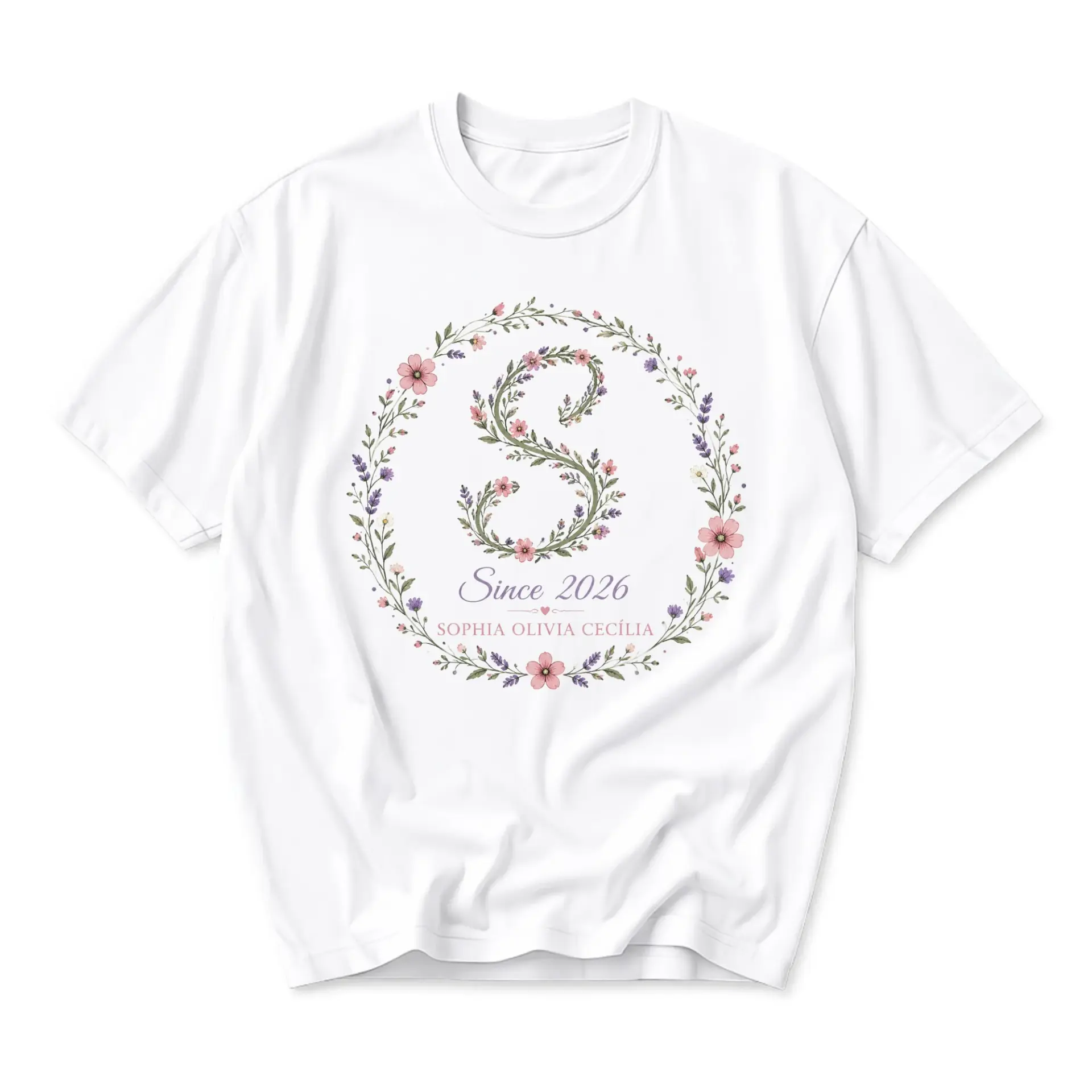 T-shirt Floral Monogram Initial Graphic Tee Personalized Botanical Letter S Since 2026 Sophia Olivia Cecília Casual Top