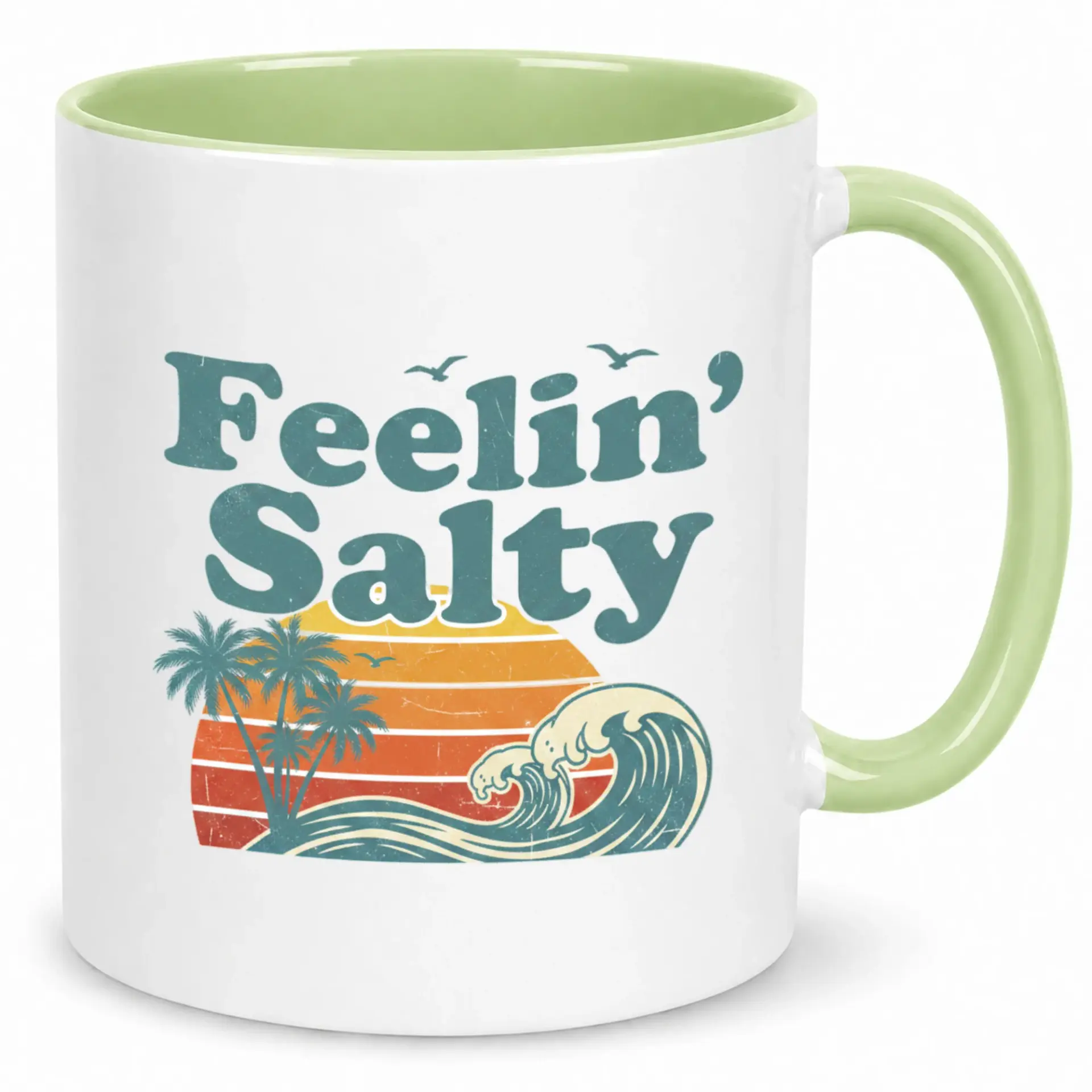 Funny Feelin' Salty Ceramic Coffee Mug with Retro Beach Sunset Design Ocean and Tree Art Print Unique Drinkware Gift Idea