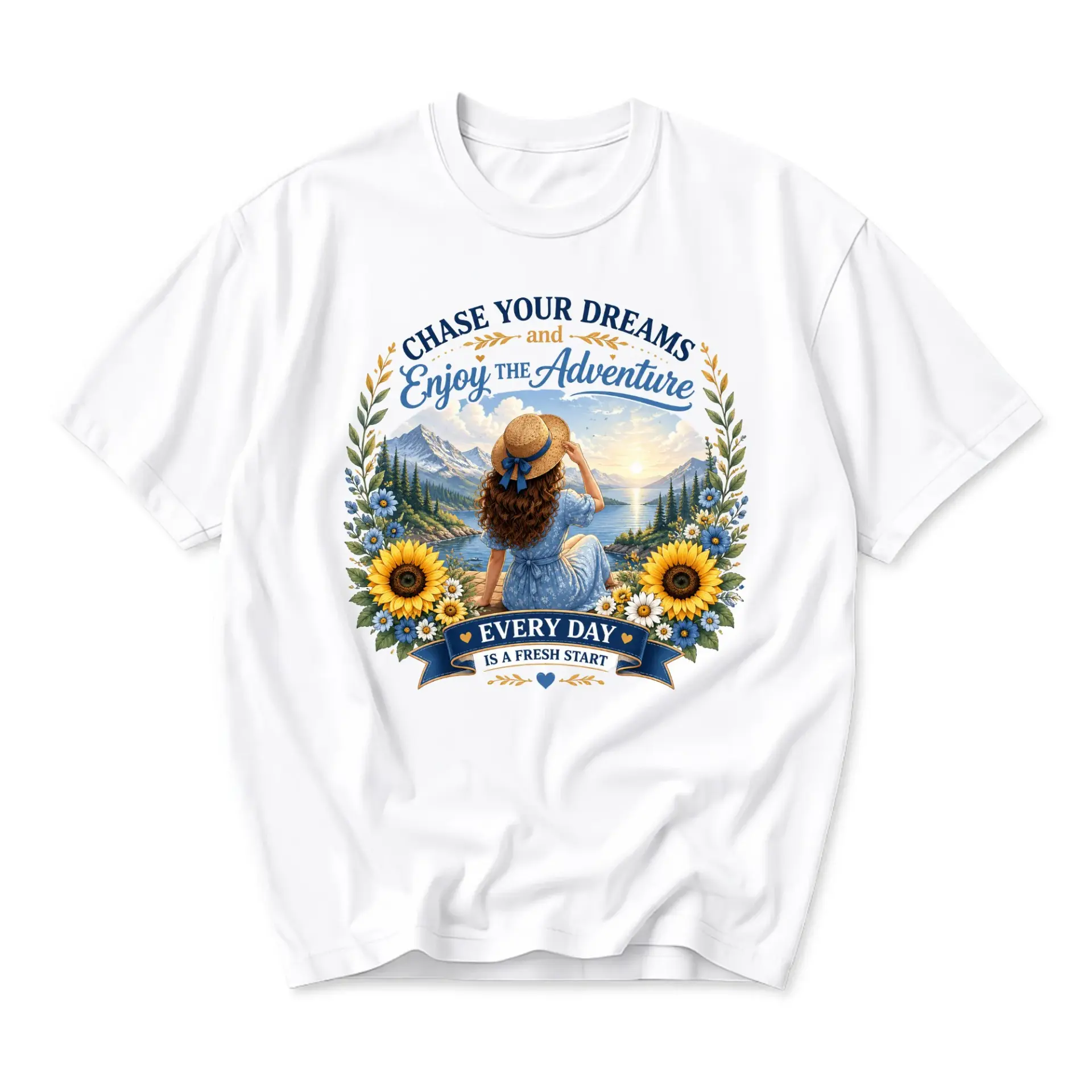 T-shirt Chase Your Dreams and Enjoy the Adventure Graphic Tee Inspirational Floral Nature Landscape Unisex Crew Neck
