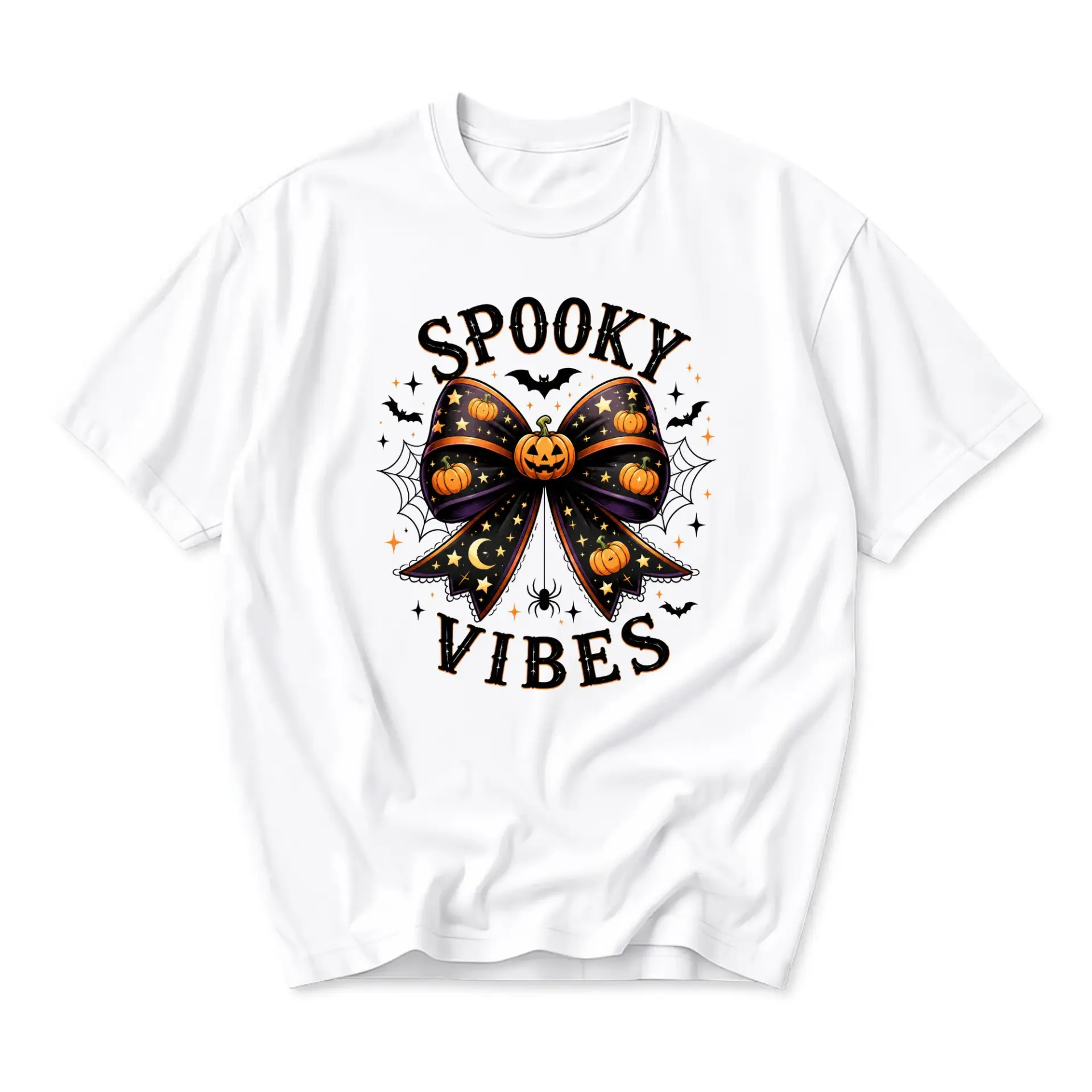 Graphic Tee Spooky Vibes Halloween Pumpkin Bow Print Unisex Casual Crew Neck T-Shirt for Seasonal Outfits White