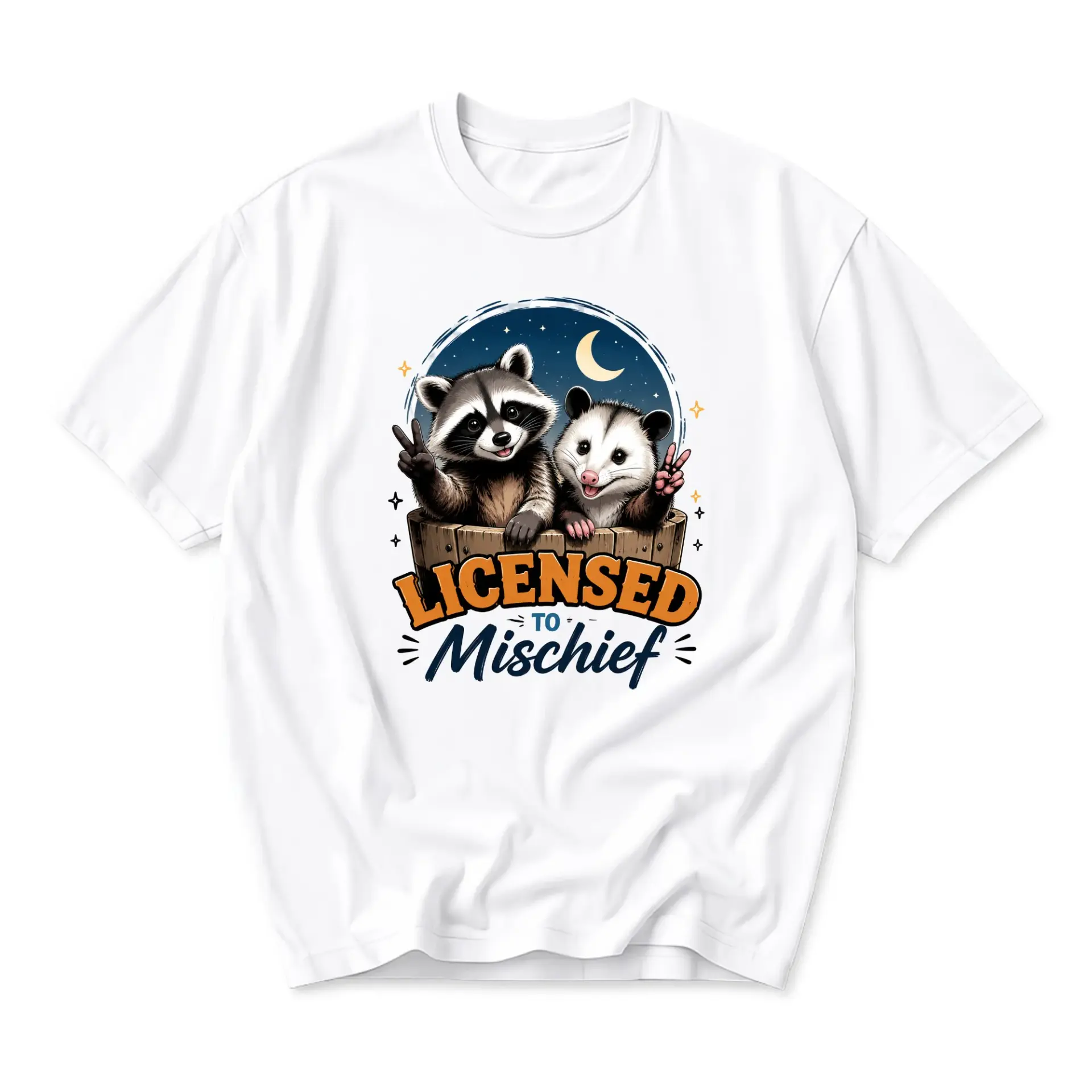 Funny Shirt Licensed to Mischief Raccoon and Opossum Graphic Tee Unisex Crew Neck Short Sleeve Casual Cotton Apparel