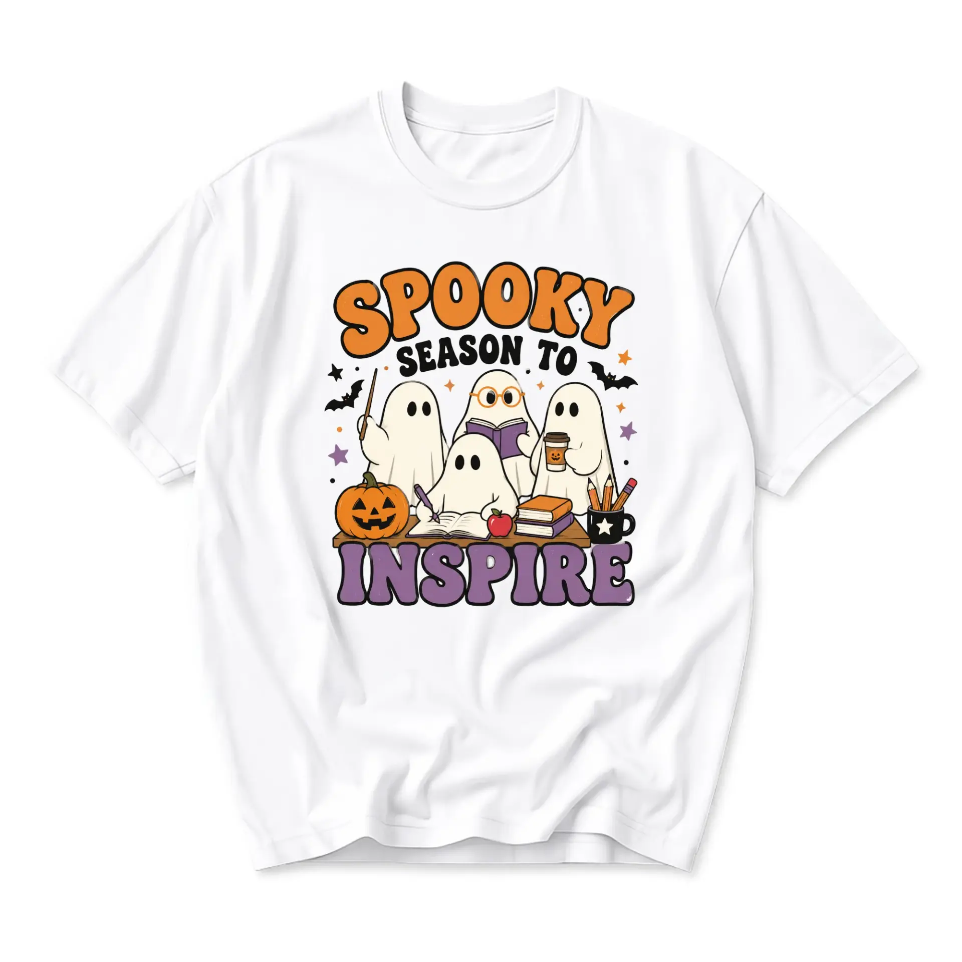 Graphic Tee Spooky Season to Inspire Halloween Ghost Shirt Retro Fall Autumn Unisex Crew Neck Cotton Blend Top