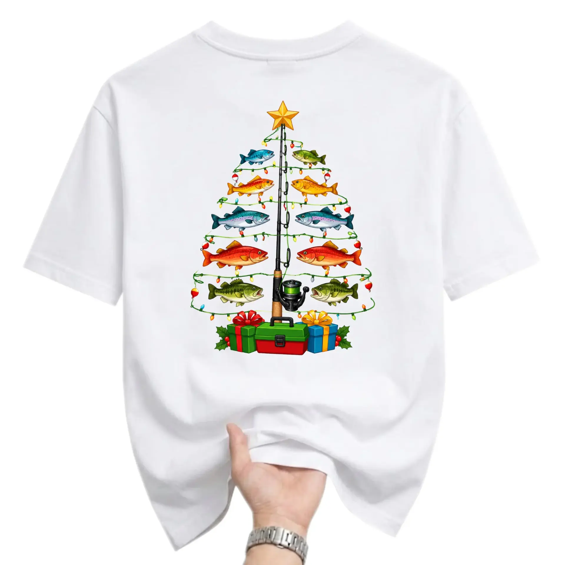 Funny Shirt Fishing Christmas Tree Graphic Tee Unisex Casual Apparel for