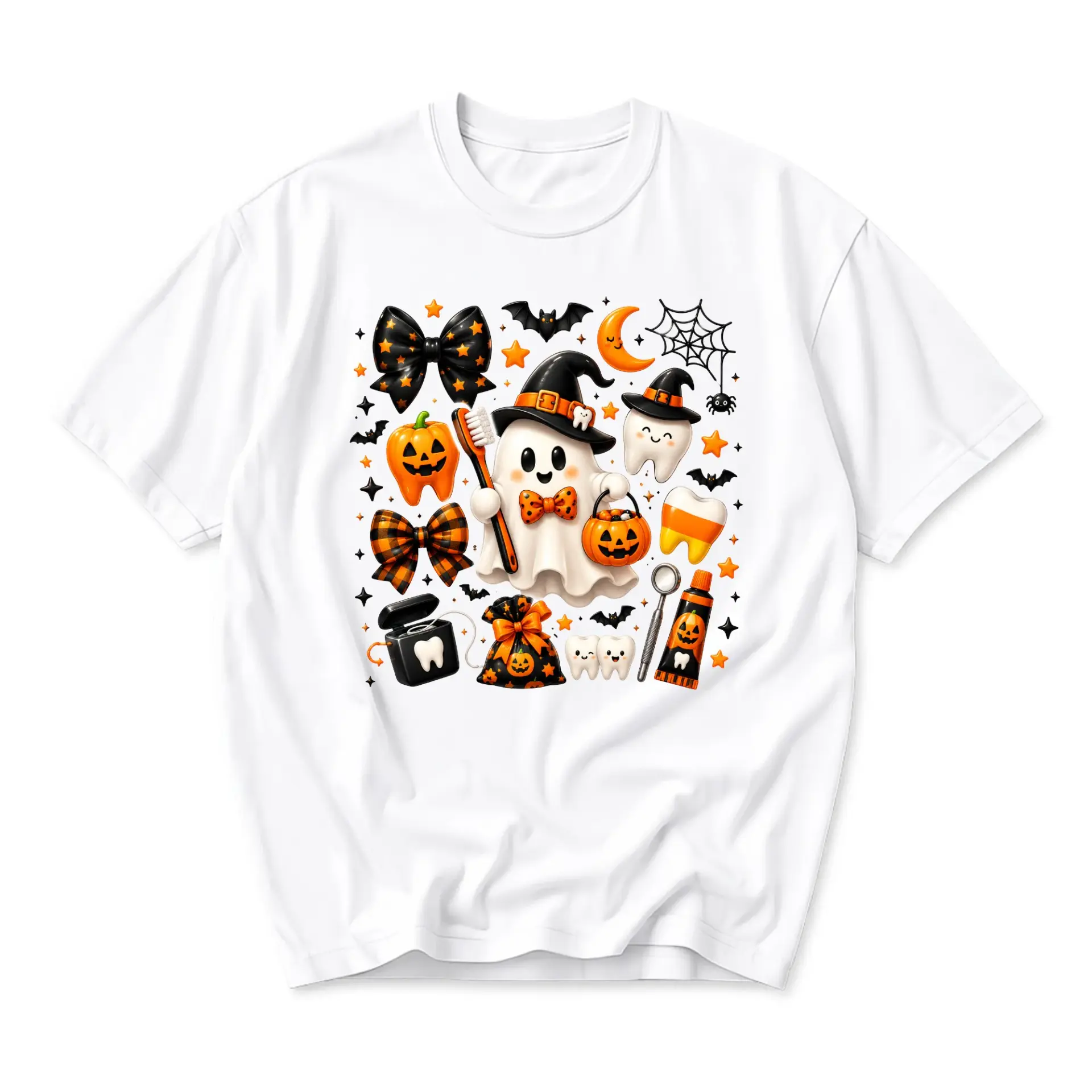 Funny Shirt Halloween Ghost Dental Theme Graphic Tee Unisex Crew Neck Soft Cotton Blend Casual Holiday Apparel Top
