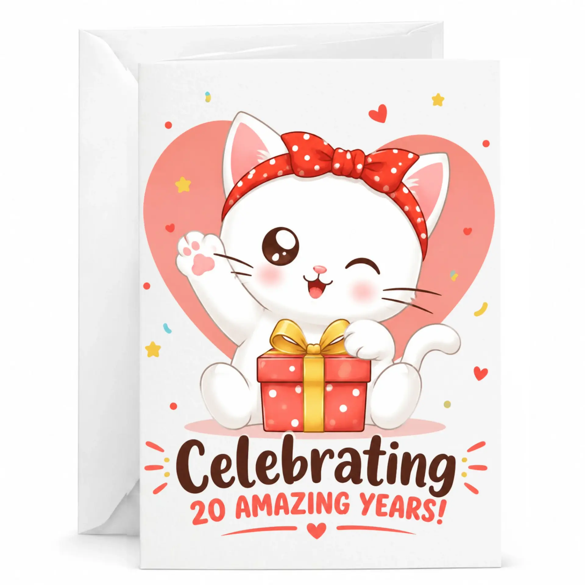 Birthday Card Celebrating 20 Amazing Years with Cute Winking Cat Illustration and Red Gift Box for Milestone