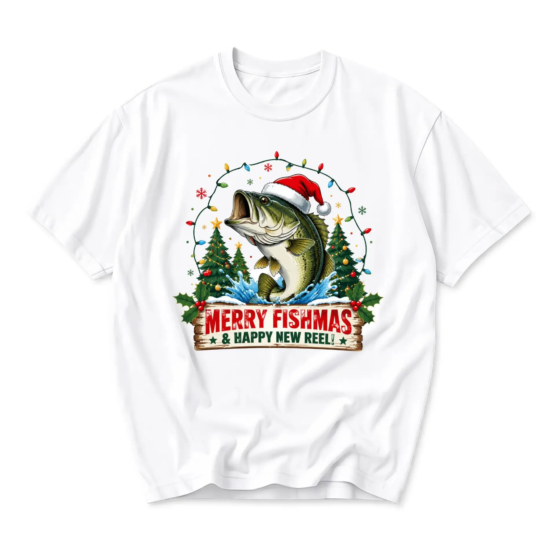 Funny Shirt Merry Fishmas and Happy New Reel Graphic Tee Holiday Fishing Themed Unisex Crew Neck Apparel