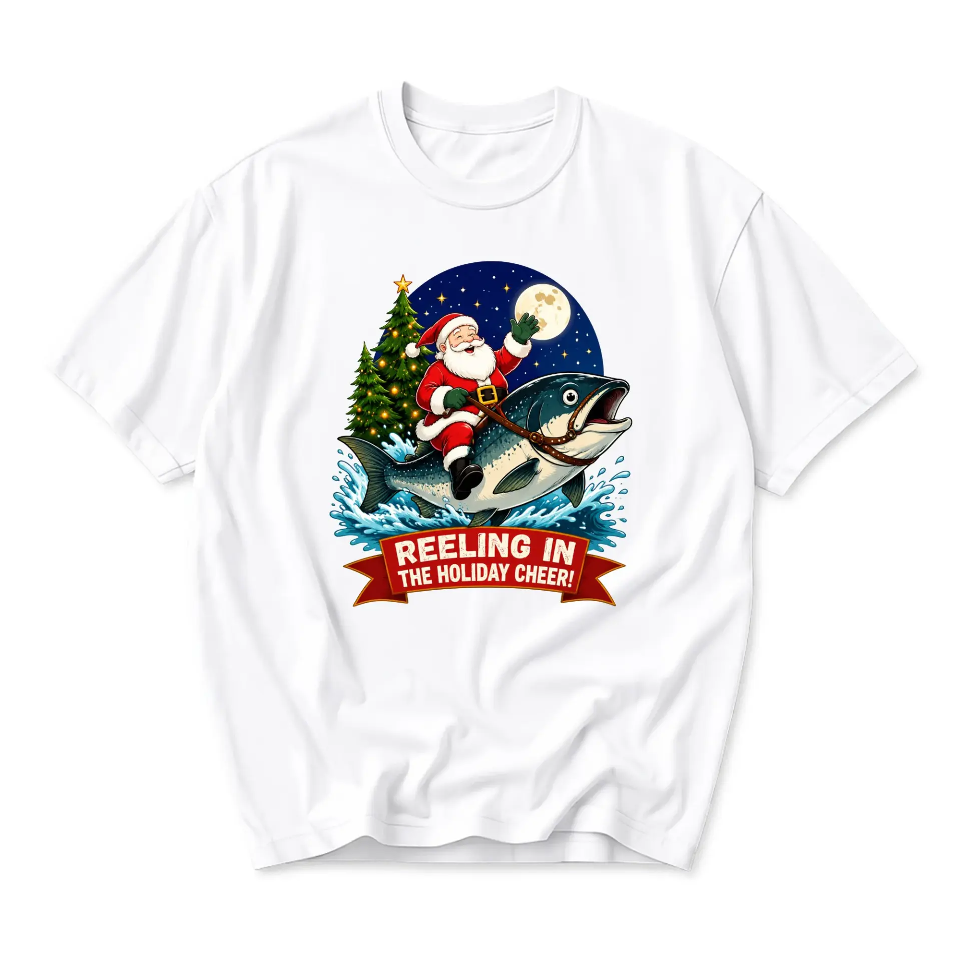 Funny Shirt Reeling in the Holiday Cheer Santa Riding a Big Fish Graphic