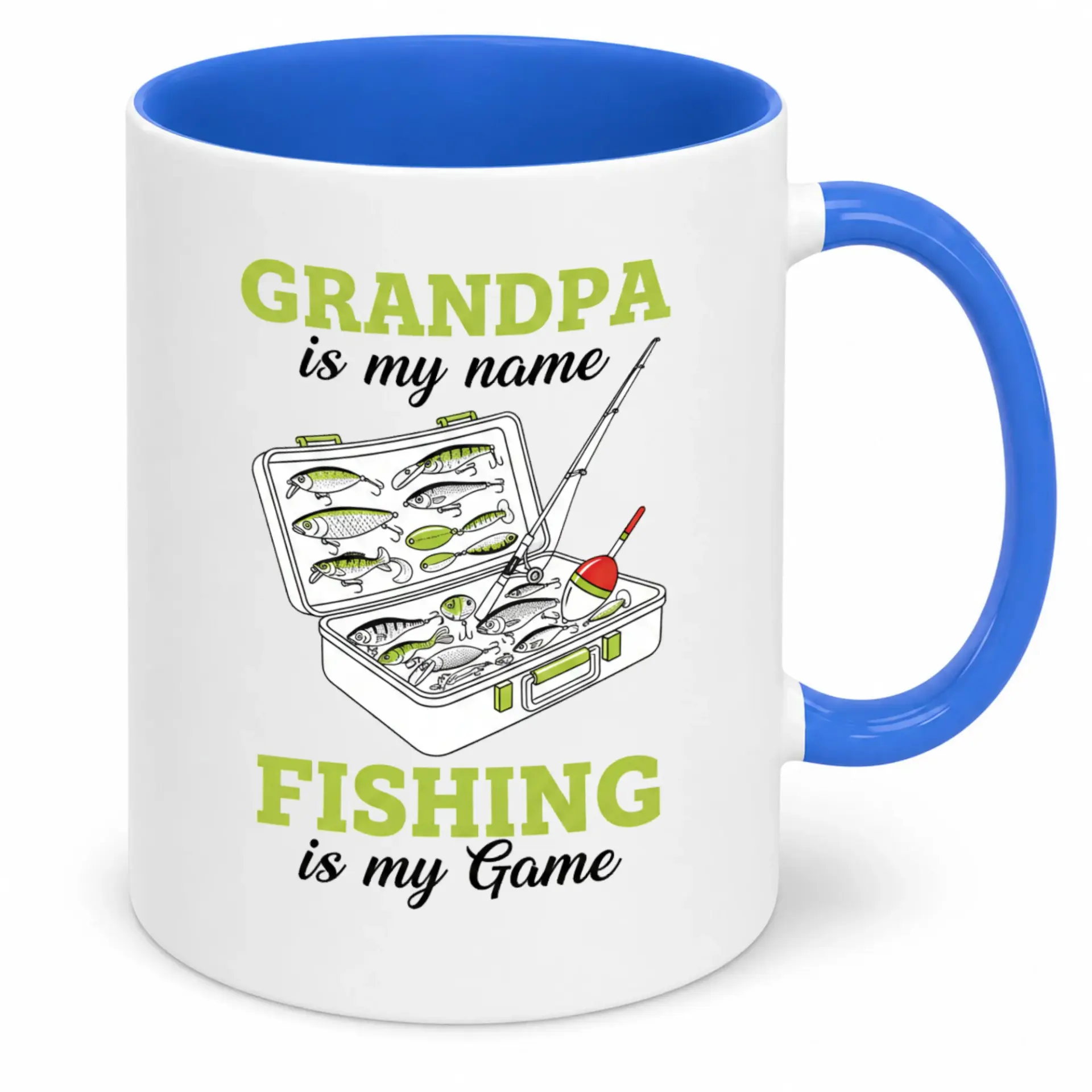 Funny Grandpa Fishing Enthusiast Ceramic Coffee Mug with Blue Handle, 11oz or 15oz White Drinkware Gift for Grandfathers