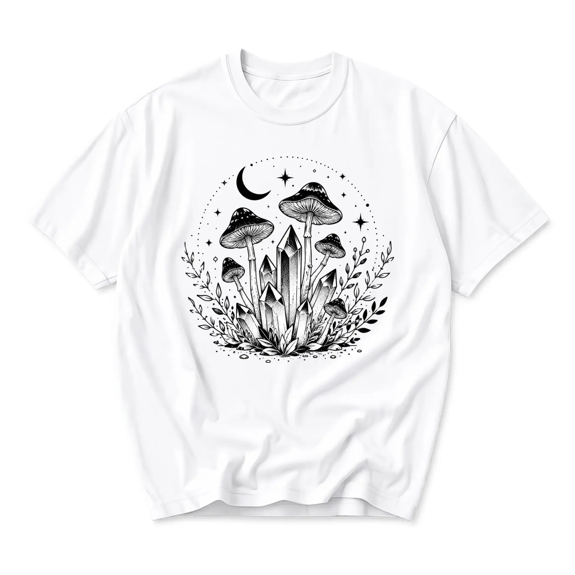 Graphic Tee Unisex Mushroom Crystal Celestial Print Casual Cotton Shirt for Everyday Wear and Self Expression