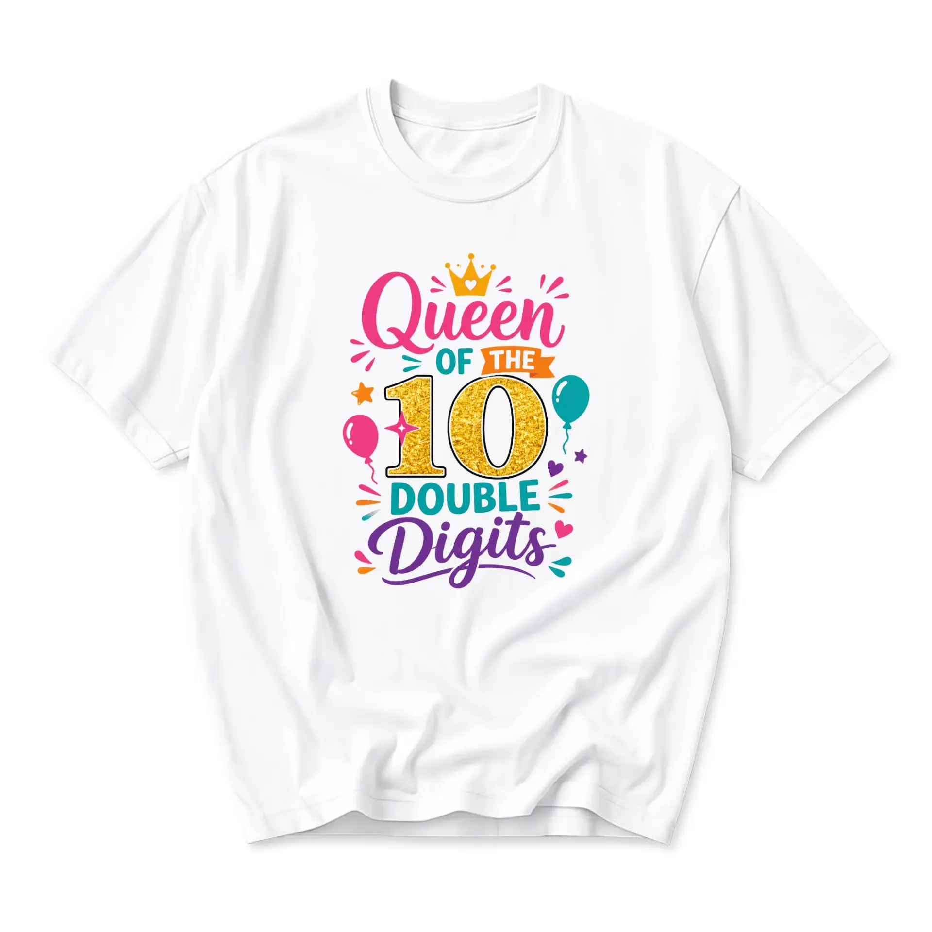 Graphic Tee Queen of the 10 Double Digits Shirt Birthday Celebration Outfit Casual Unisex Crew Neck Cotton Top
