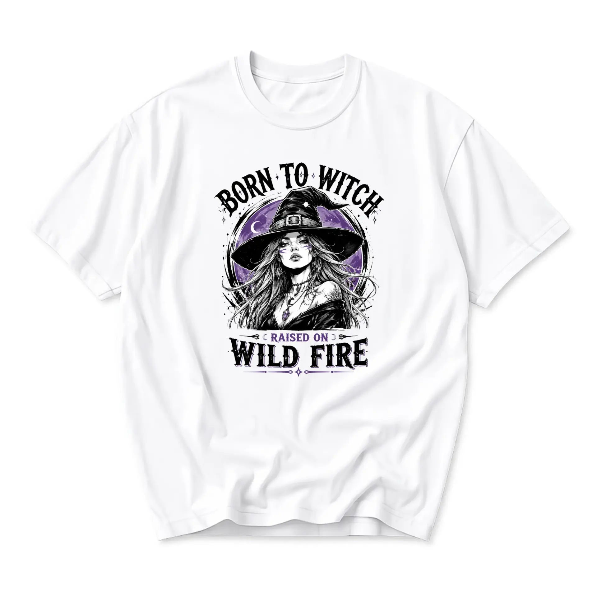 Graphic Tee Born to Witch Raised on Wild Fire Design Unisex Crew Neck Soft Cotton Casual Apparel for Every Day Wear