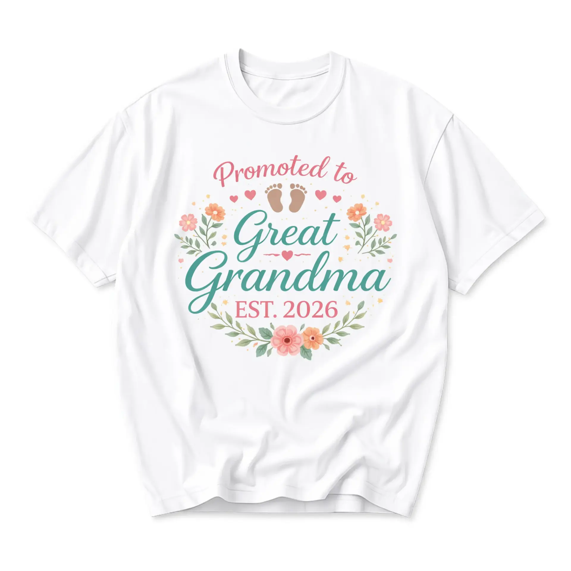 Graphic Tee Promoted to Great Grandma Est 2026 Floral Announcement Unisex Crew Neck Short Sleeve Cotton Casual Shirt