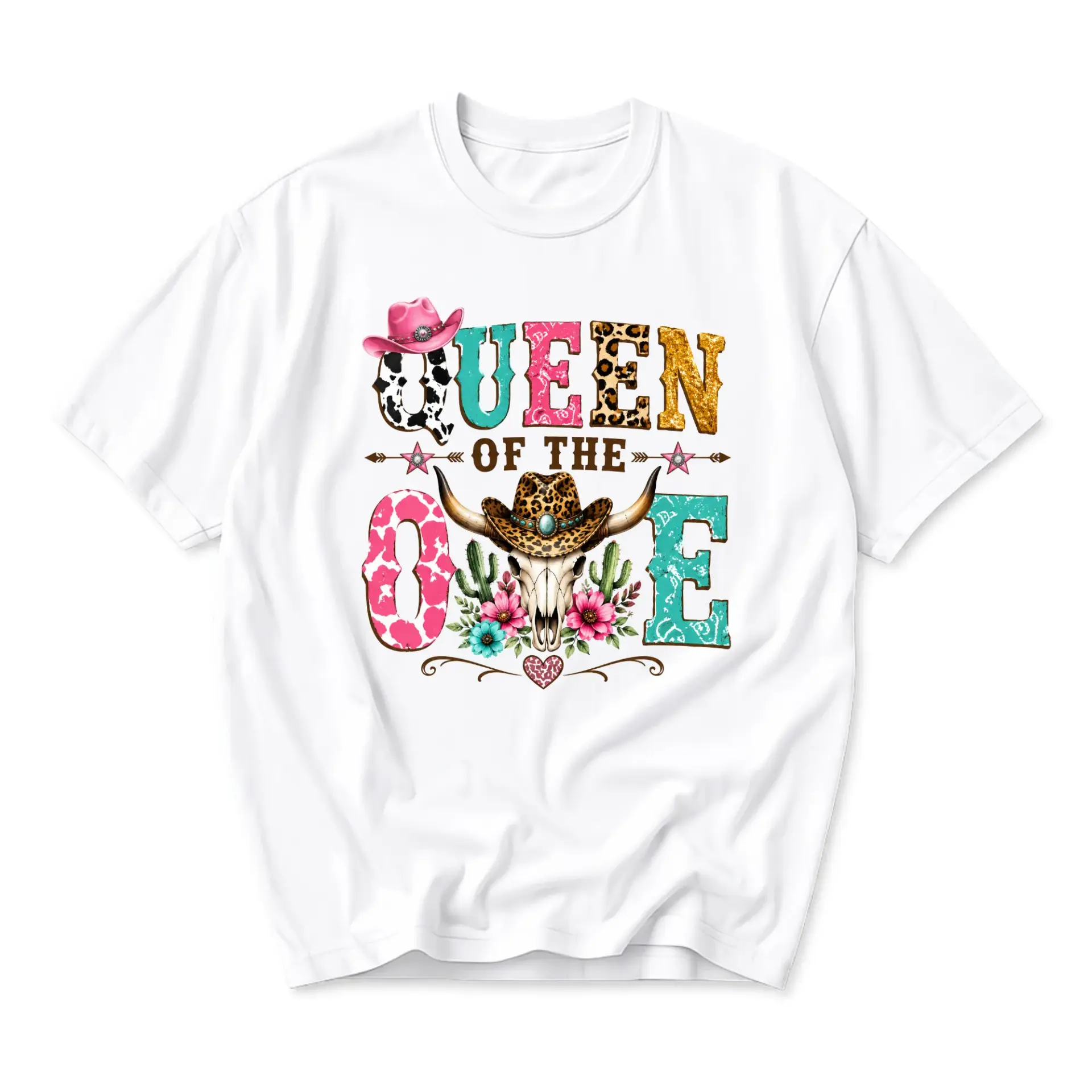 Graphic Tee Queen of the West Western Cowgirl Shirt Floral Skull Print Unisex Casual Cotton Crew Neck Short Sleeve